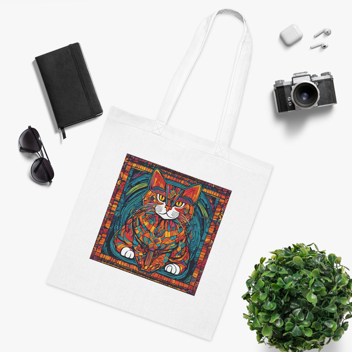 Cat tote bag lime colourway laid flat — stained glass cat print on both sides, flat corners, 42x38cm