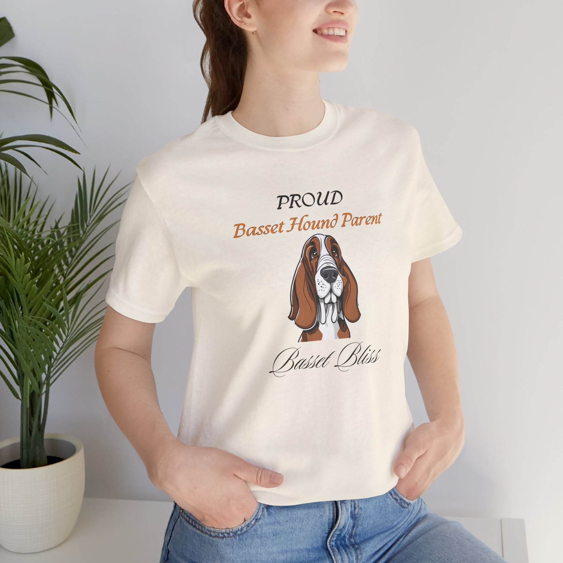 Proud Basset Hound Parent t-shirt on hanger, full garment view