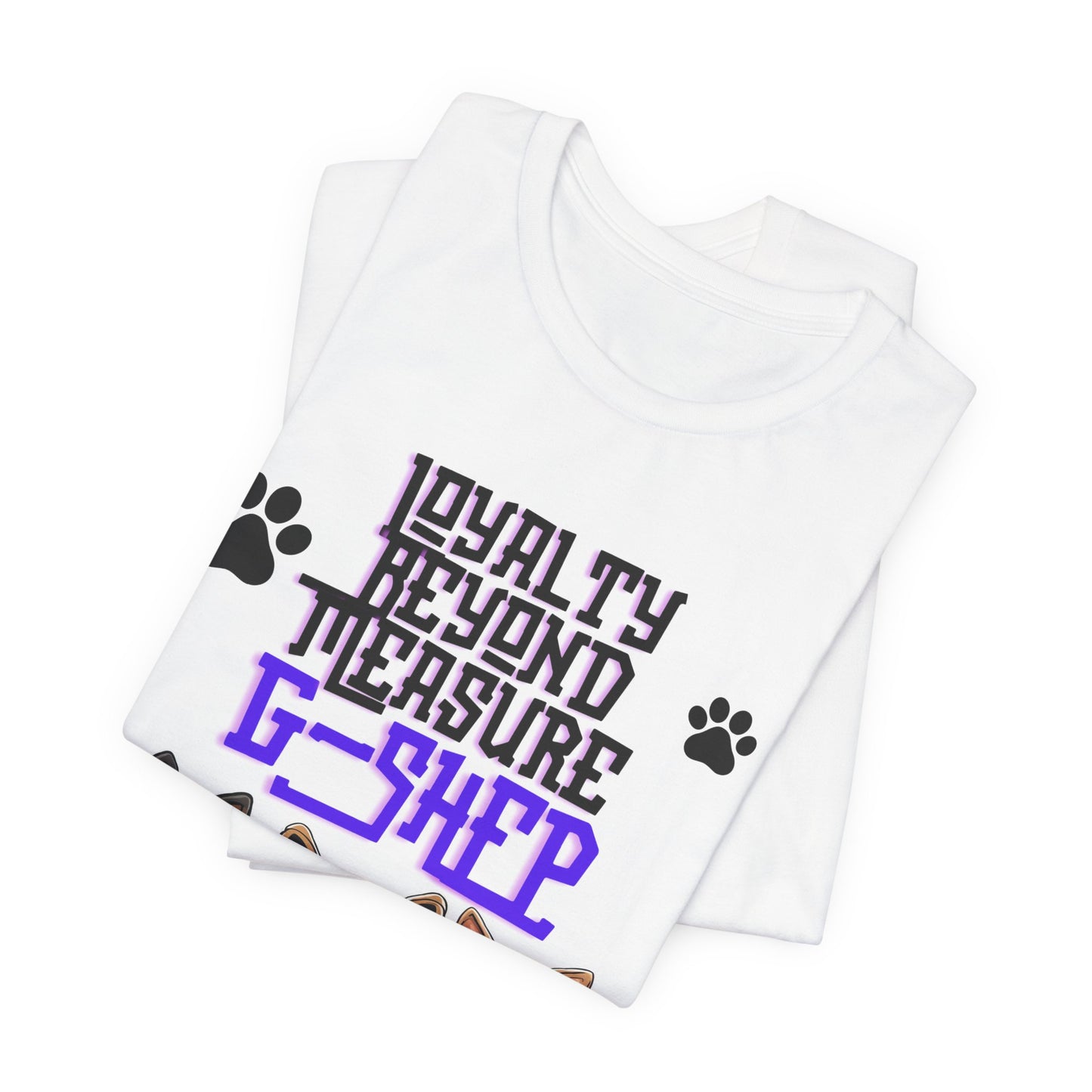 Loyalty Beyond Measure German Shepherd t-shirt in White, folded view showing G-Shep trio print
