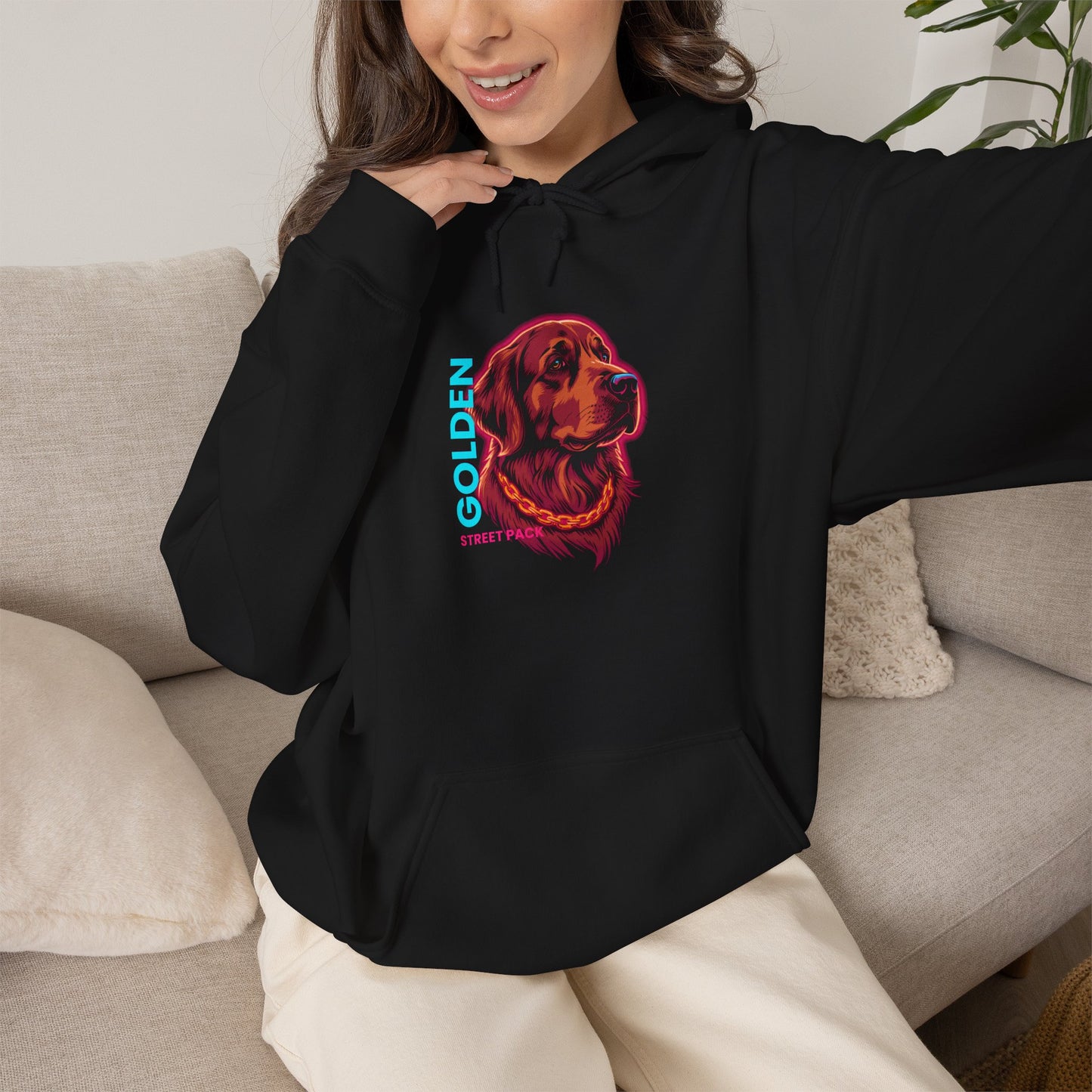 Dark heather Golden Retriever hoodie with neon dog graphic