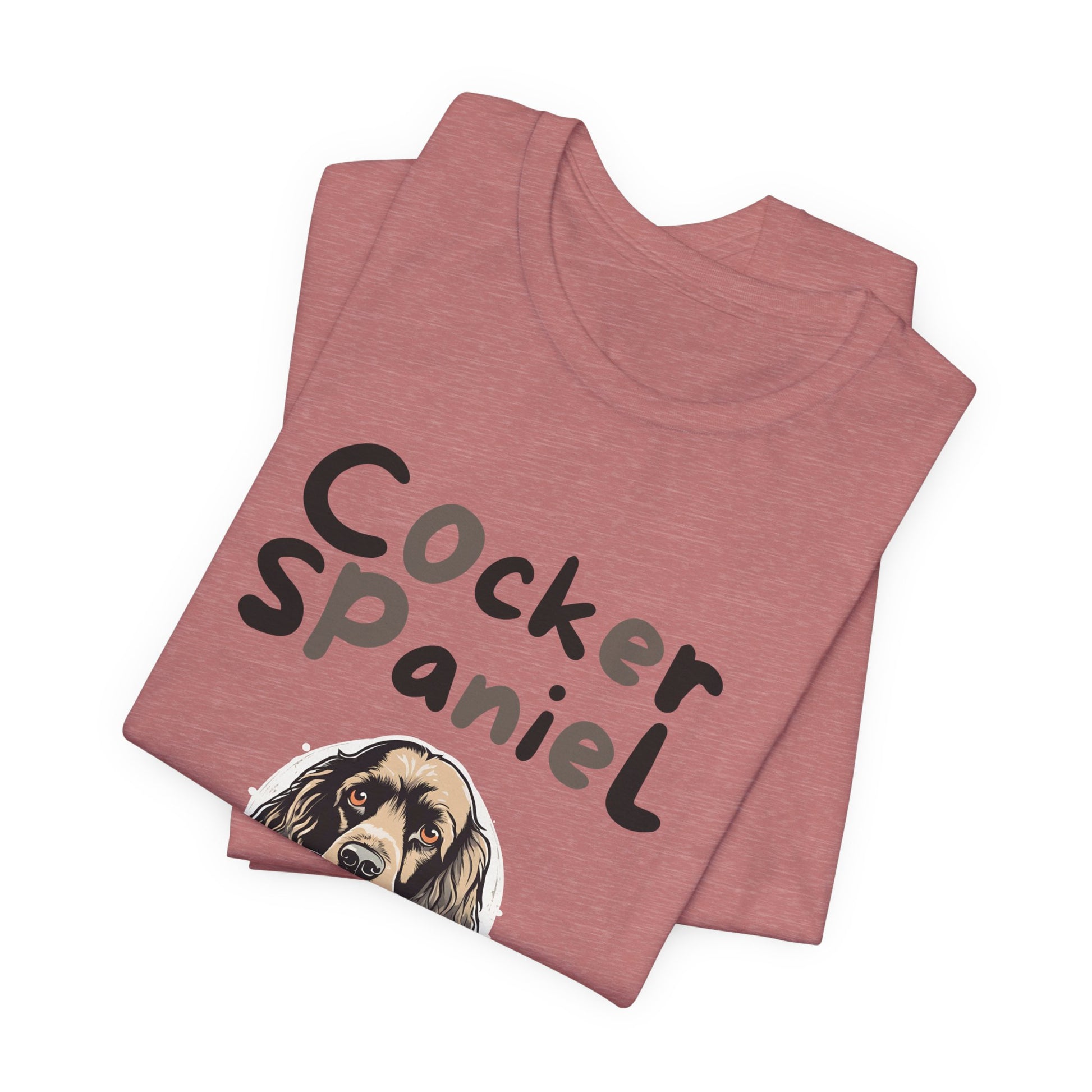 Cocker Spaniel Mum t-shirt in Heather Mauve, folded view showing spaniel portrait print