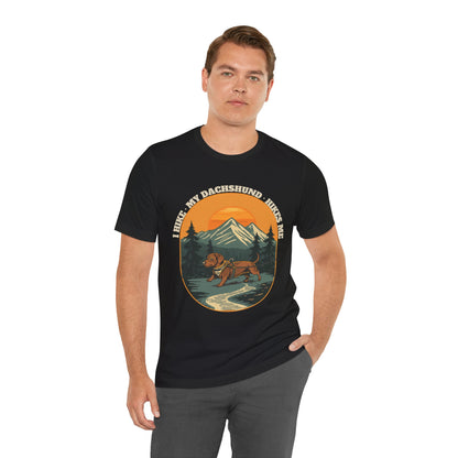 I Hike My Dachshund Hikes Me black funny hiking dog t-shirt, front view