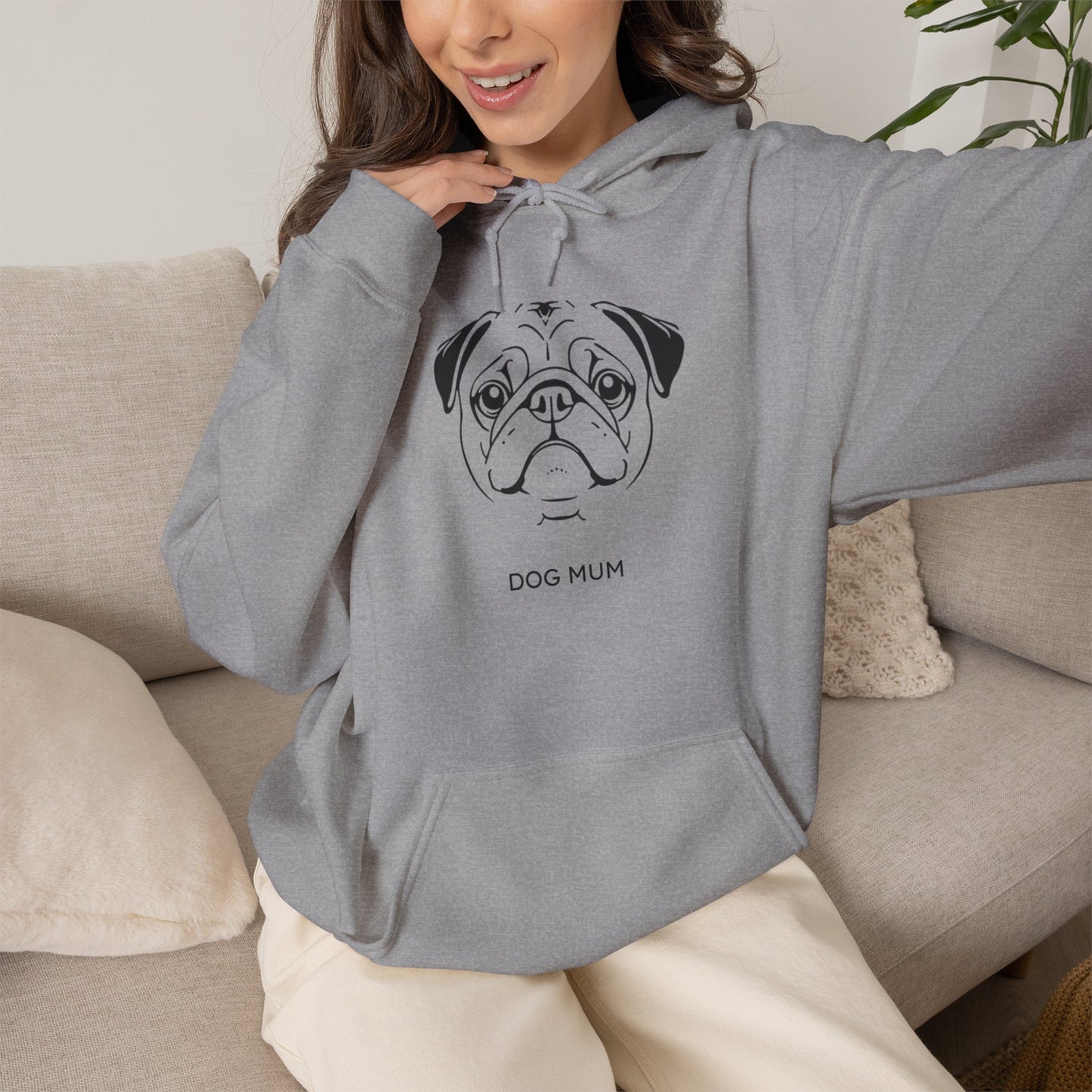 Pug Dog Mum line art hoodie in Sand