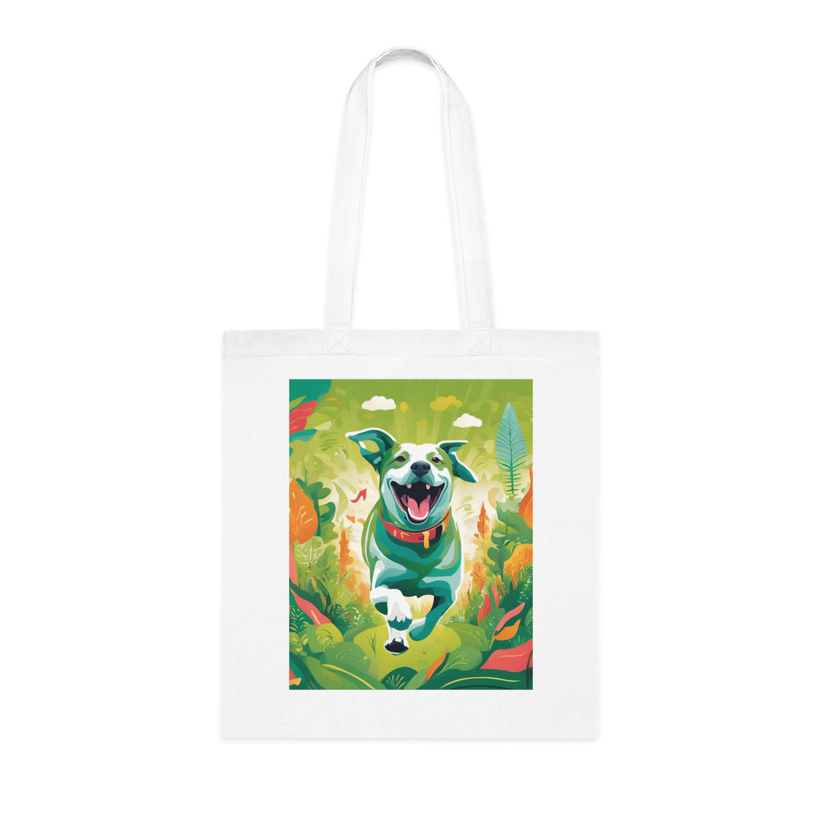 SniffWaggleNWalk™ running dog art tote bag — back view showing print on both sides