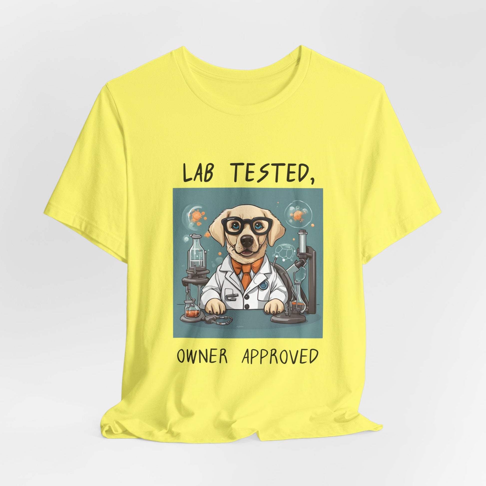 Lab Tested Owner Approved Labrador t-shirt in Yellow, hanging front view