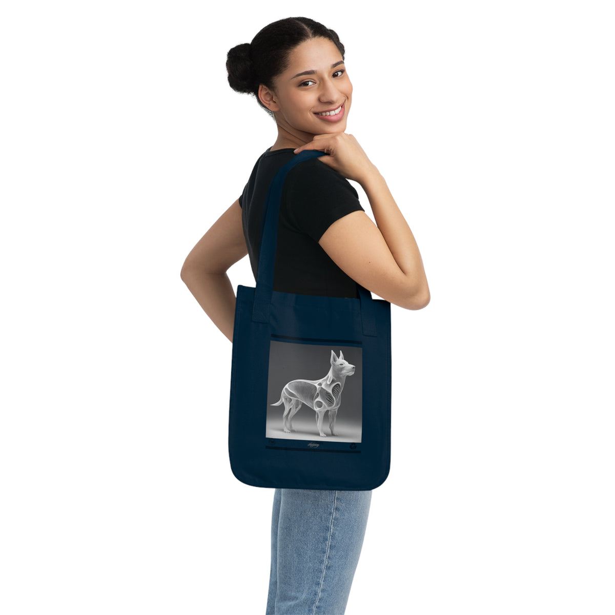 Organic cotton canvas tote bag with dog design — flat lay showing both Natural and Navy colourways