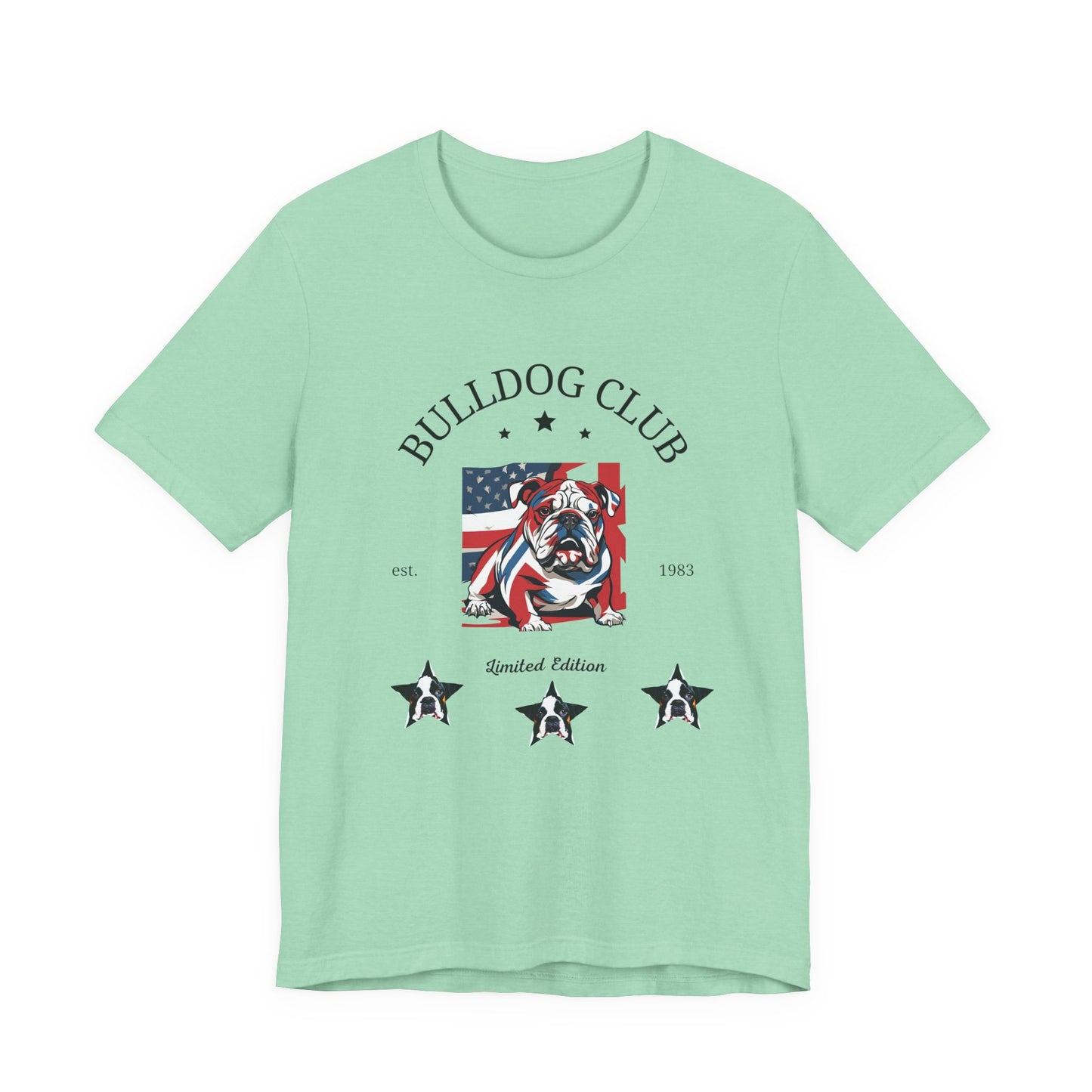 Bulldog Club t-shirt in Heather Mint — American flag bulldog graphic tee, front view