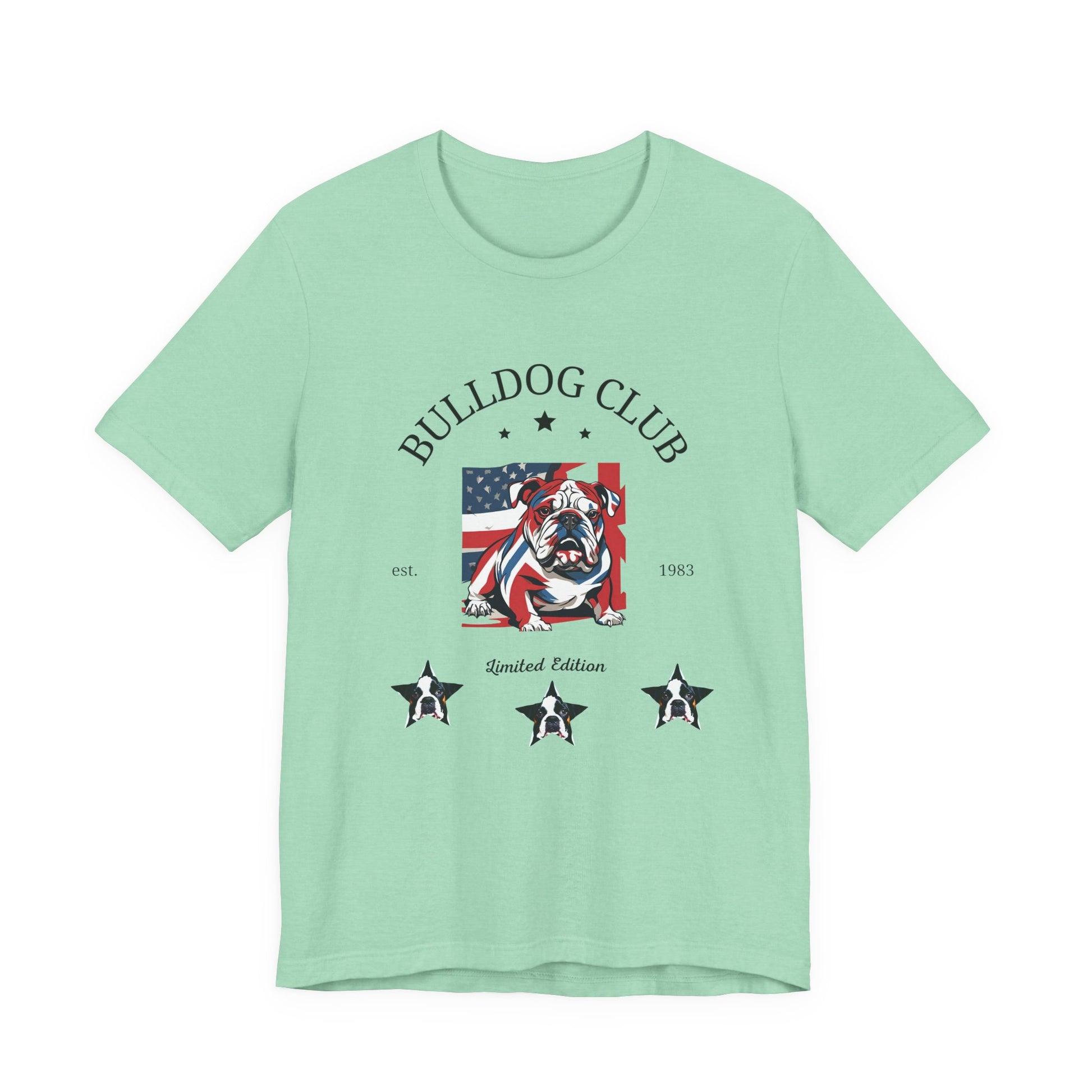 Bulldog Club t-shirt in Heather Mint — American flag bulldog graphic tee, front view