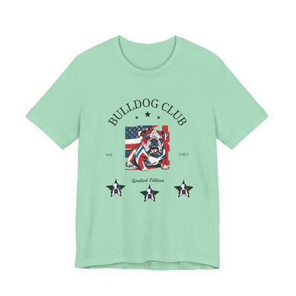Bulldog Club t-shirt in Heather Mint — American flag bulldog graphic tee, front view