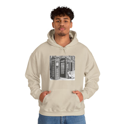 Unisex Heavy Blend™ Dog next to a phone box Hooded Sweatshirt - Sniff Waggle And Walk