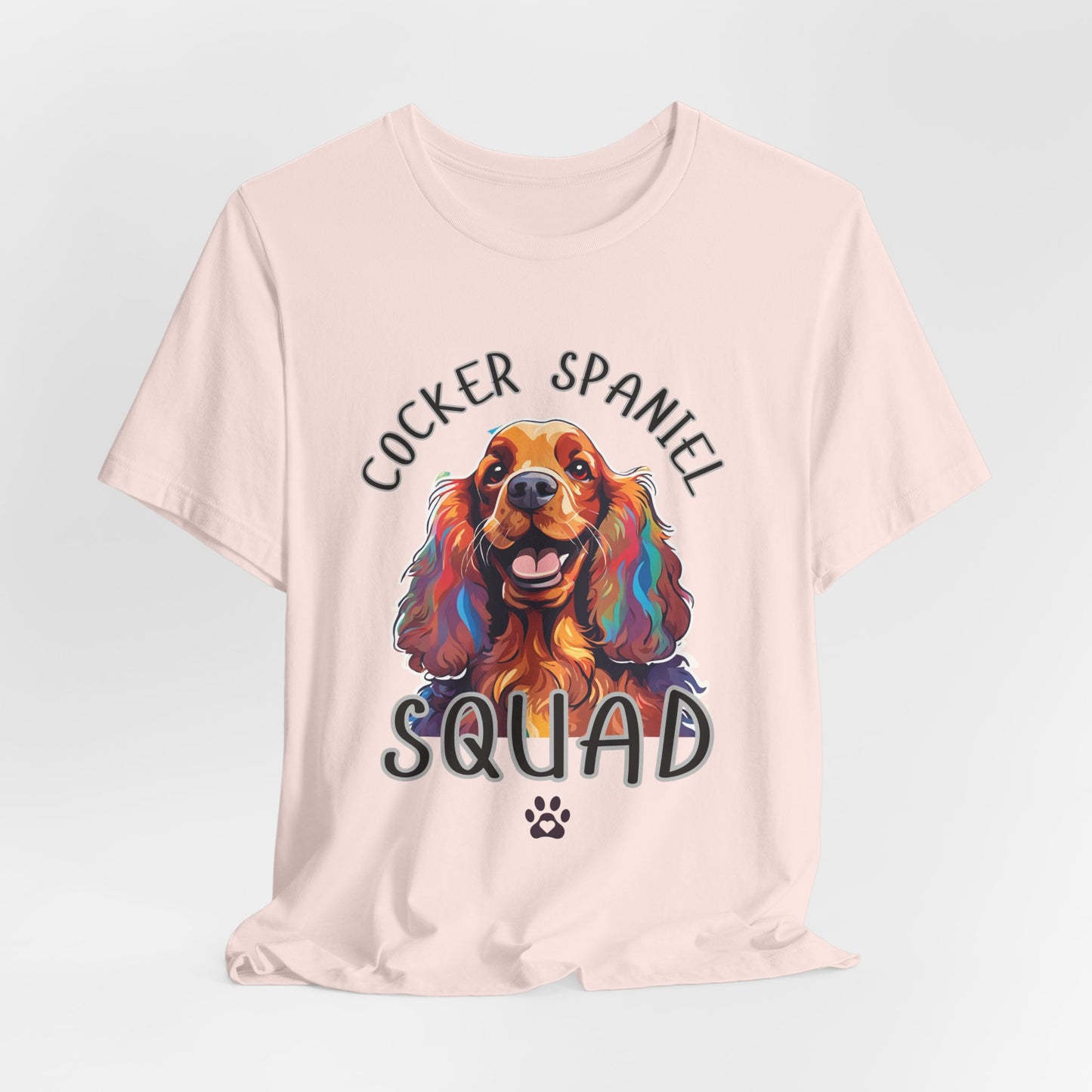 Cocker Spaniel Squad pop-art t-shirt in Soft Pink, hanging front view