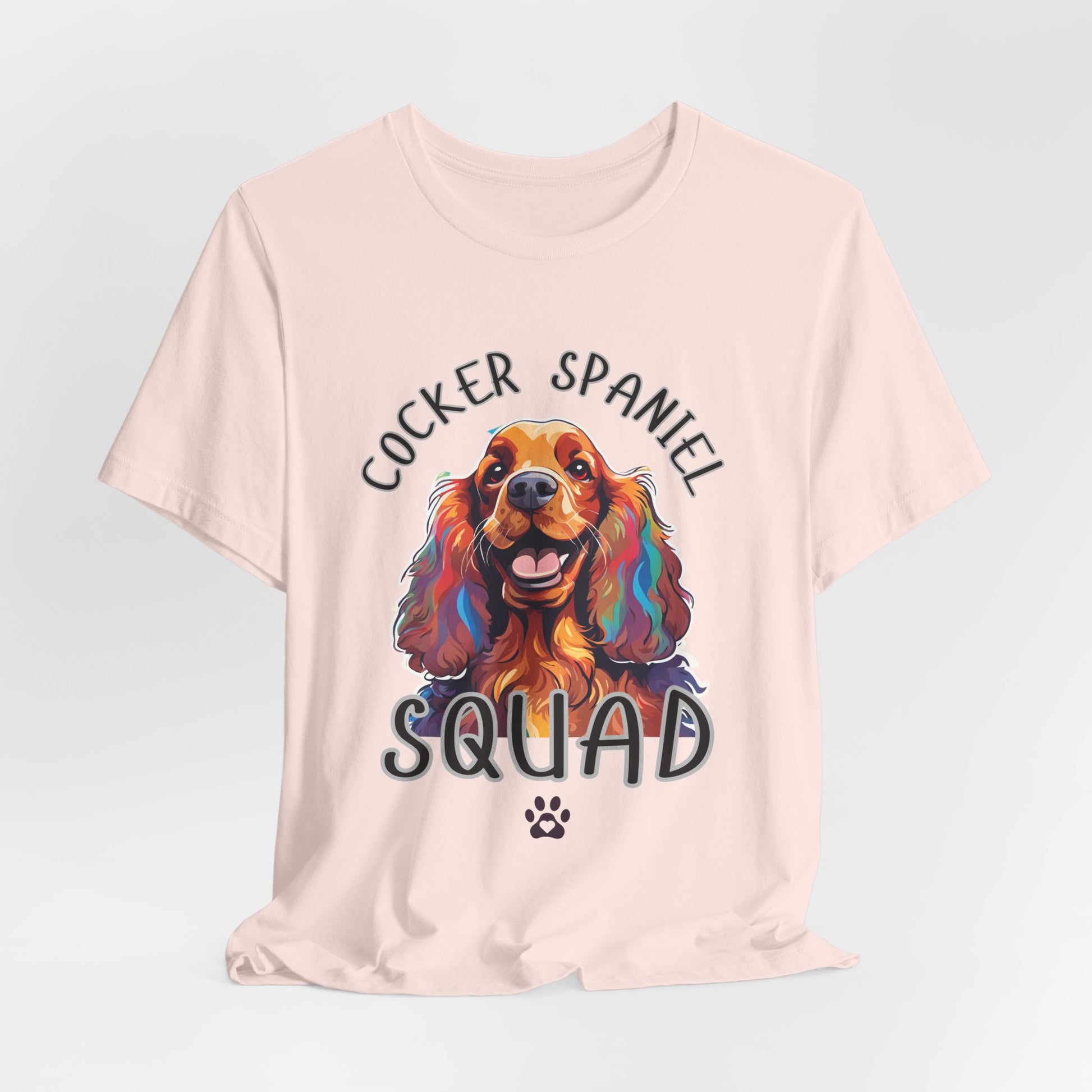 Cocker Spaniel Squad pop-art t-shirt in Soft Pink, hanging front view