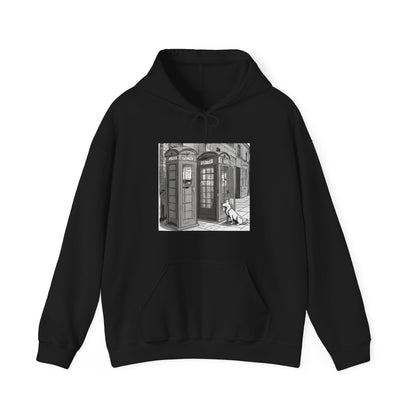 Unisex Heavy Blend™ Dog next to a phone box Hooded Sweatshirt - Sniff Waggle And Walk