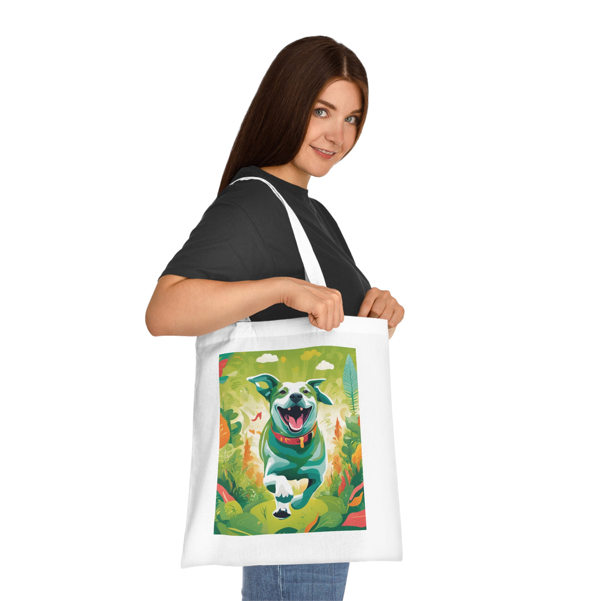 SniffWaggleNWalk™ dog art cotton tote — lifestyle carry shot showing handle and size