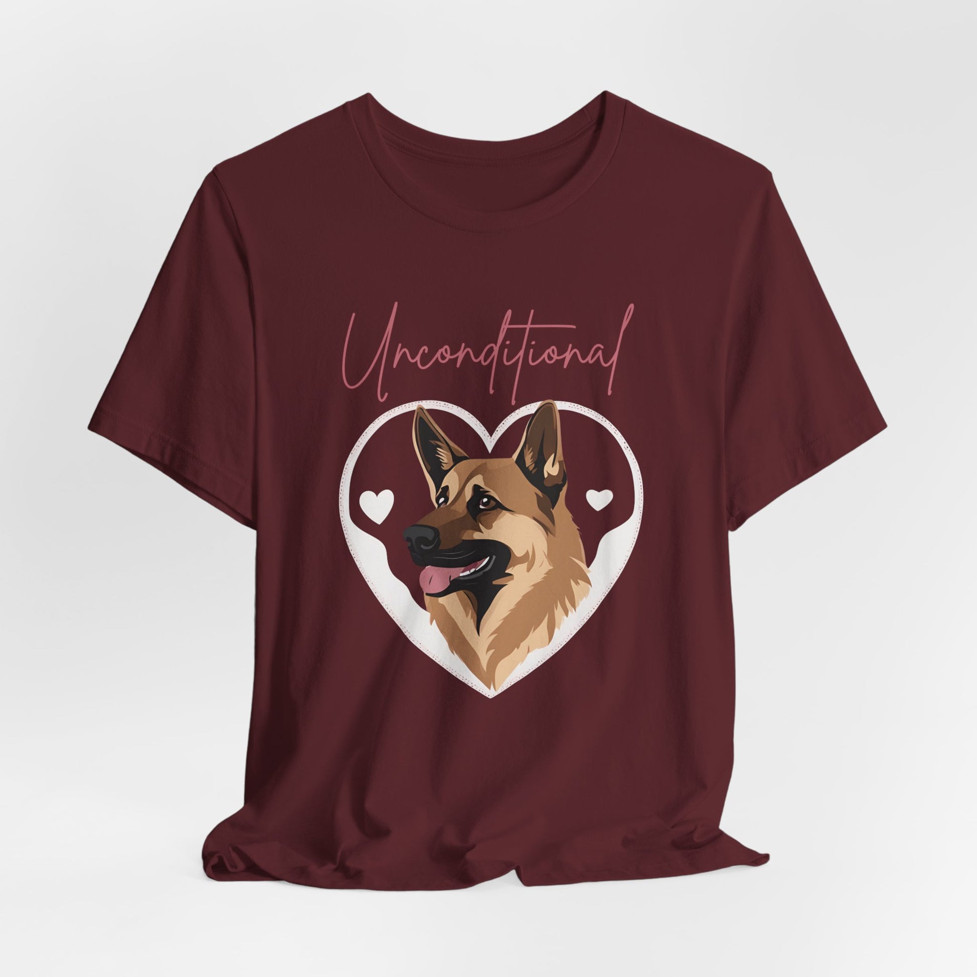 Unconditional Love German Shepherd t-shirt in Maroon, hanging front view