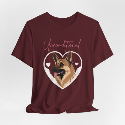 Unconditional Love German Shepherd t-shirt in Maroon, hanging front view