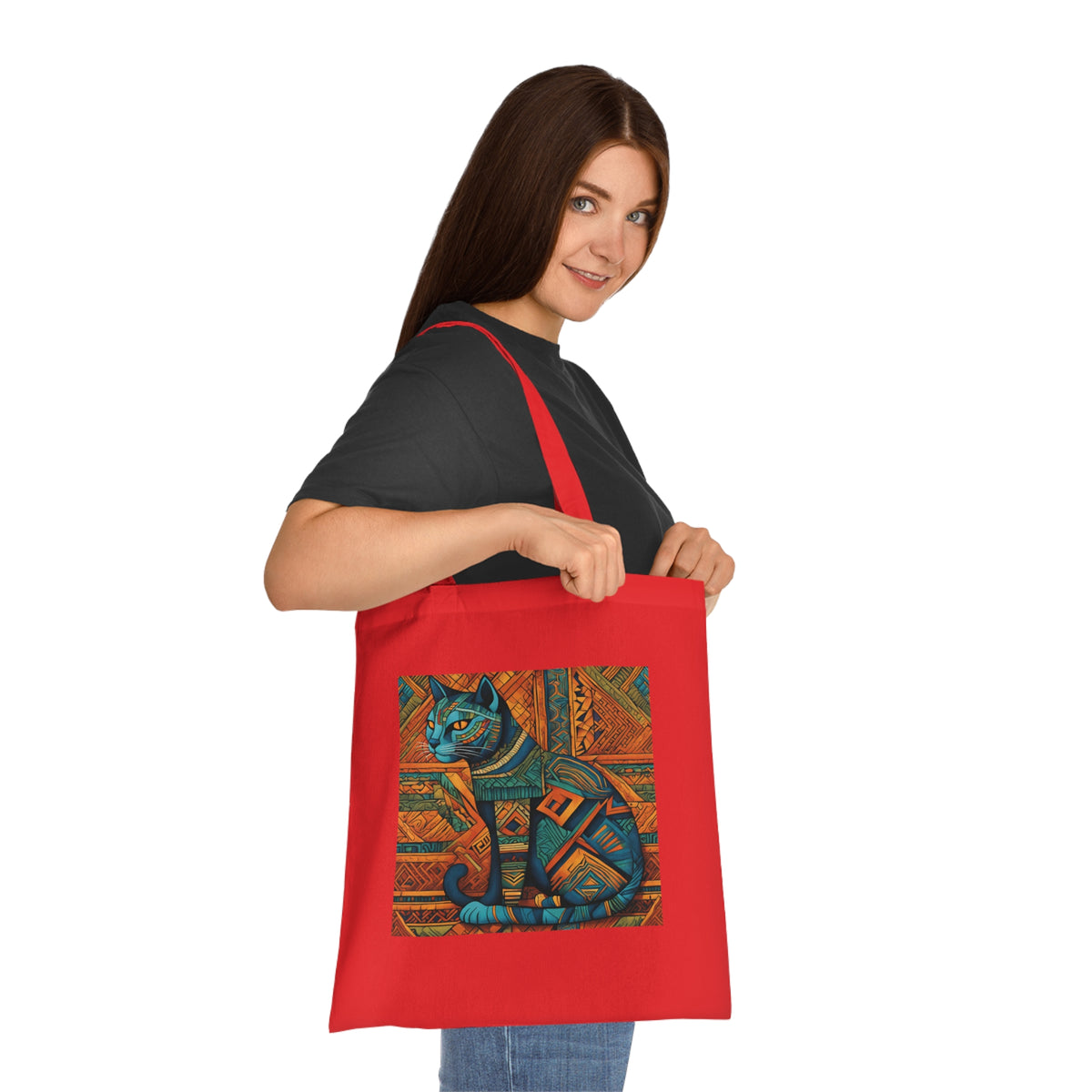 Egyptian cat cotton tote bag size reference — 42 x 38cm with 30cm handles