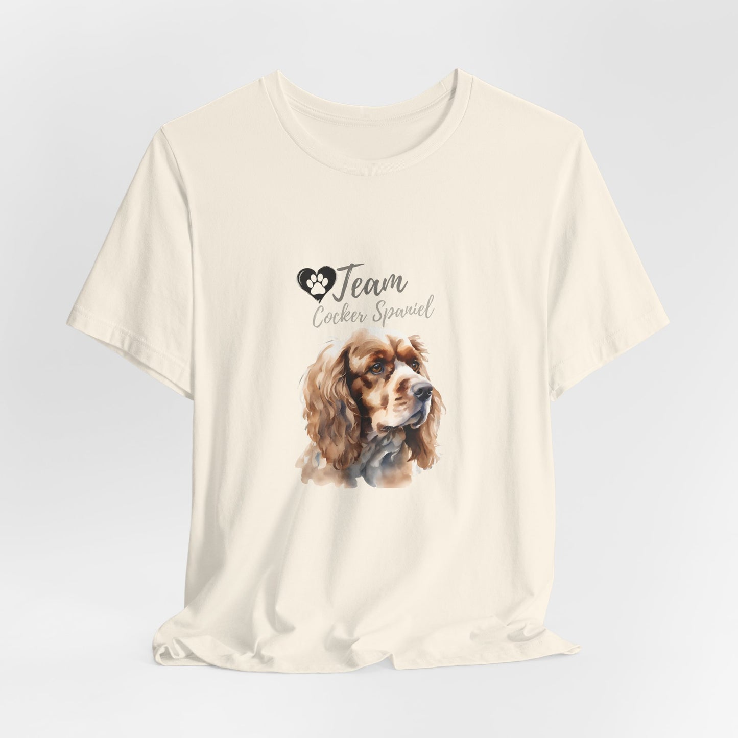 Team Cocker Spaniel watercolour t-shirt in Natural, hanging front view