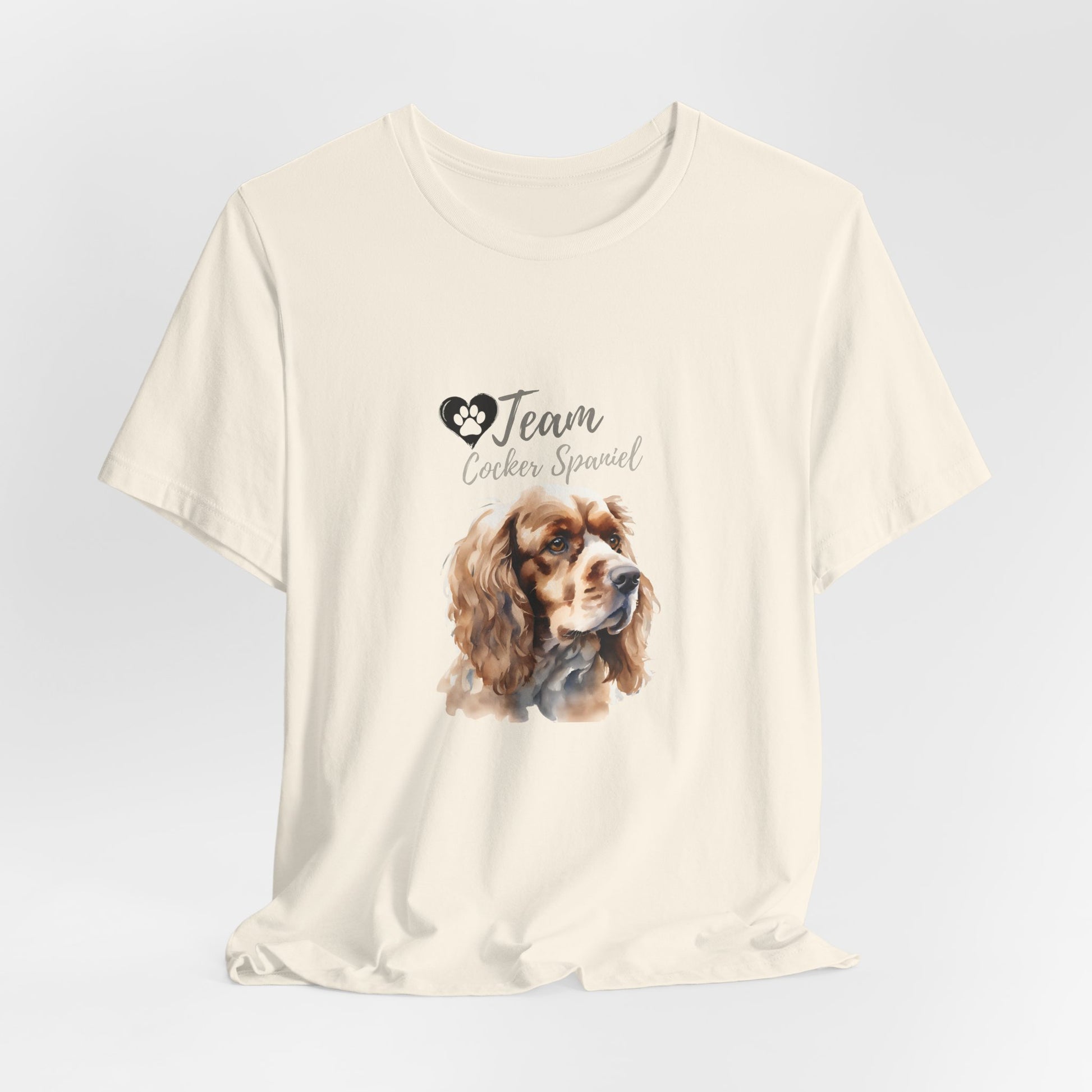Team Cocker Spaniel watercolour t-shirt in Natural, hanging front view