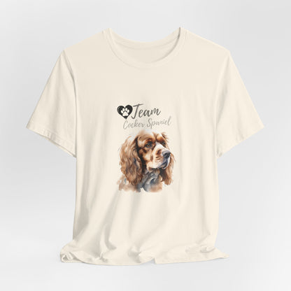 Team Cocker Spaniel watercolour t-shirt in Natural, hanging front view