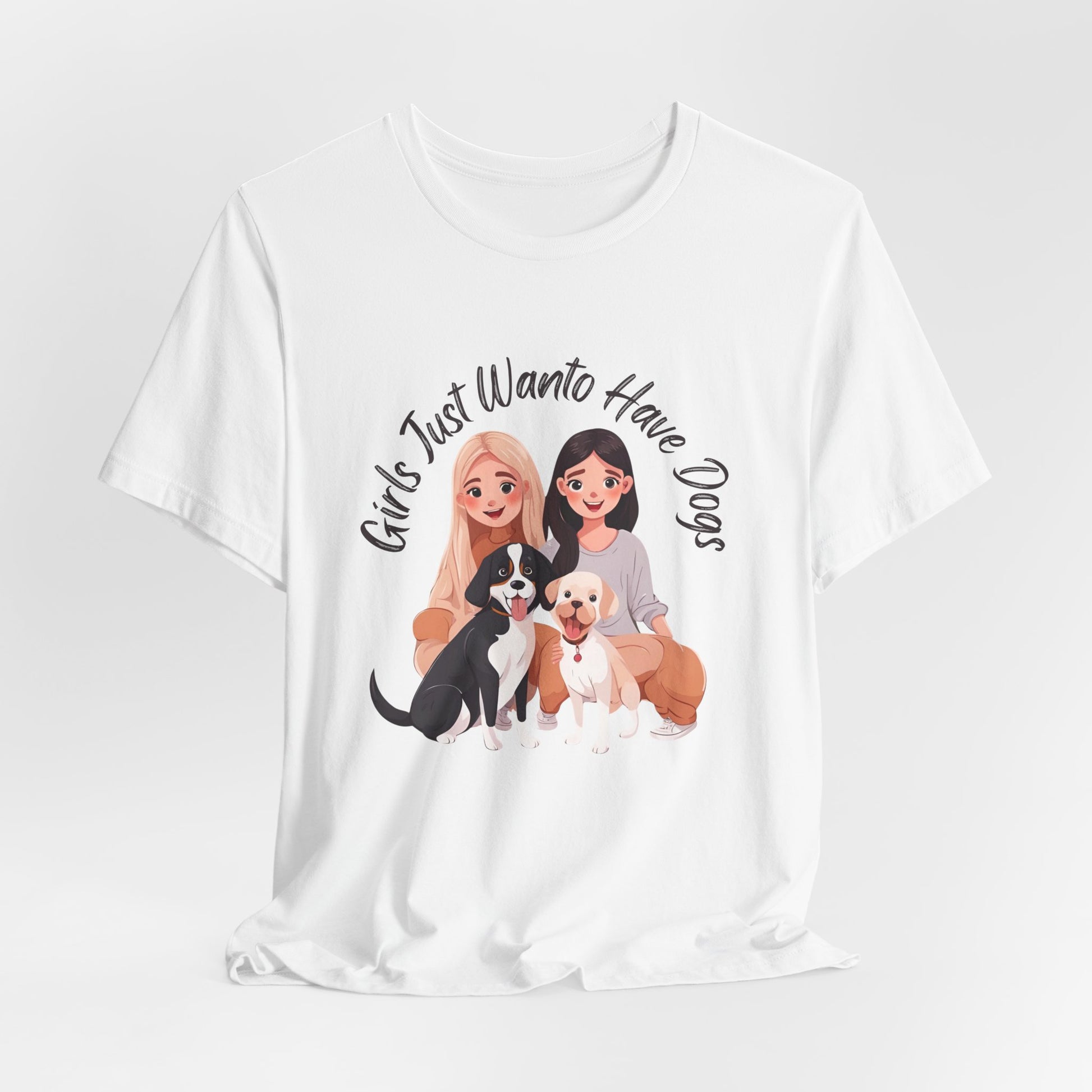 Girls Just Want to Have Dogs t-shirt worn by a model, lifestyle shot