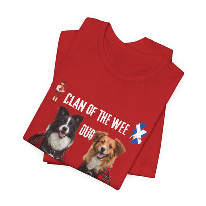 Clan of the Wee Dug red t-shirt detail shot, DTG print Scottish dog slogan gift idea