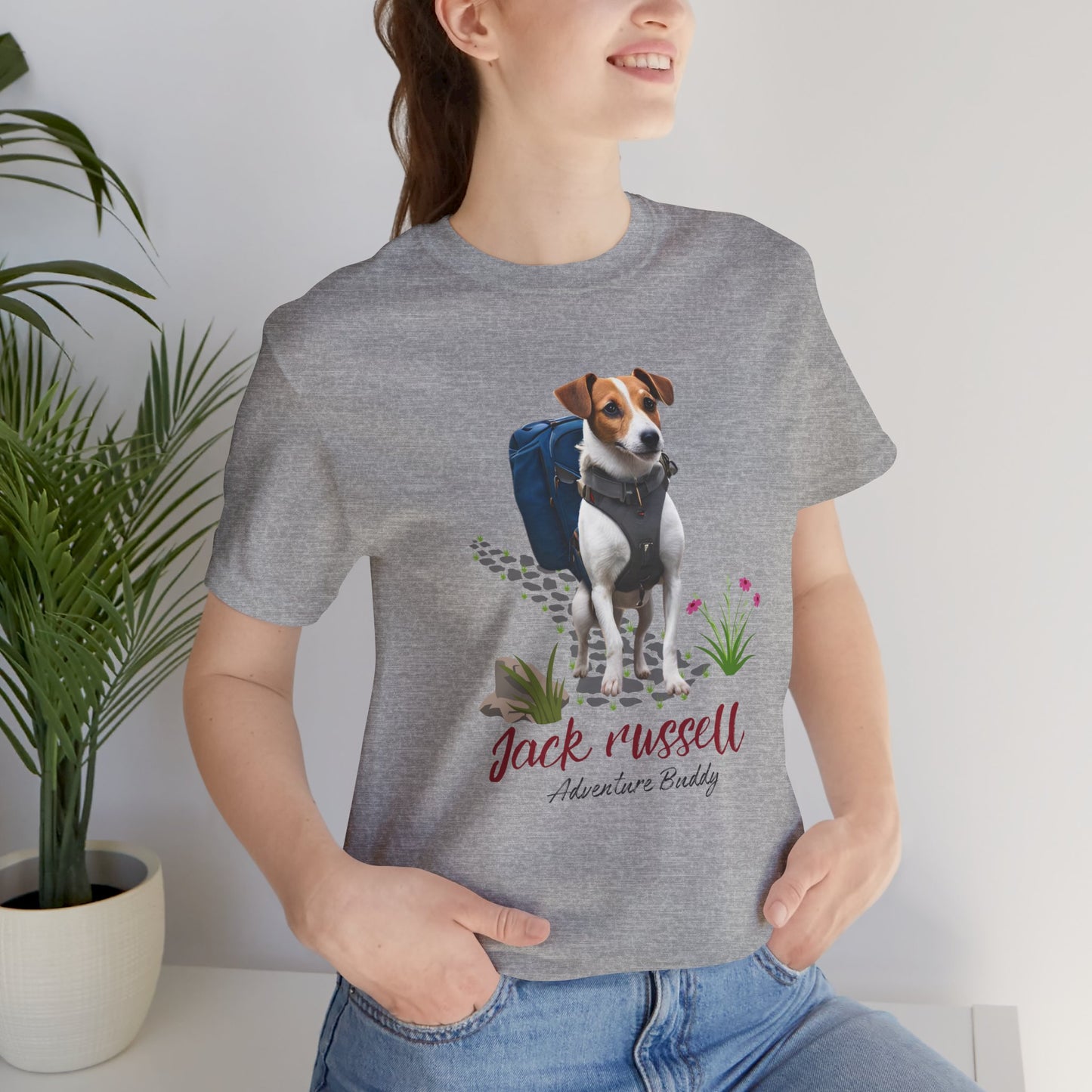Woman wearing Athletic Heather grey Jack Russell Adventure Buddy hiking terrier t-shirt