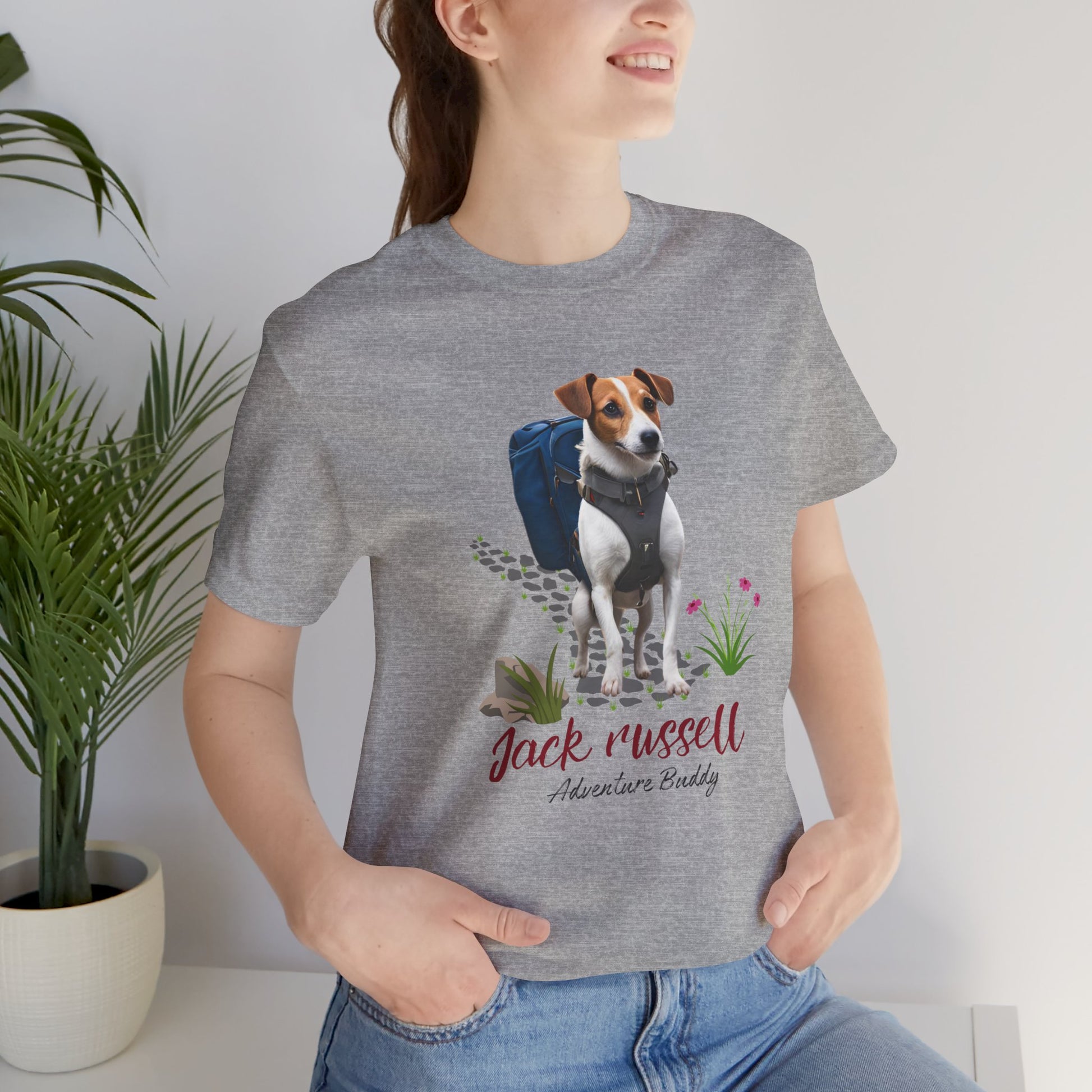 Woman wearing Athletic Heather grey Jack Russell Adventure Buddy hiking terrier t-shirt