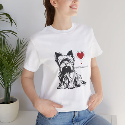 Woman wearing White Proud Yorkie Parent t-shirt with Yorkshire Terrier design