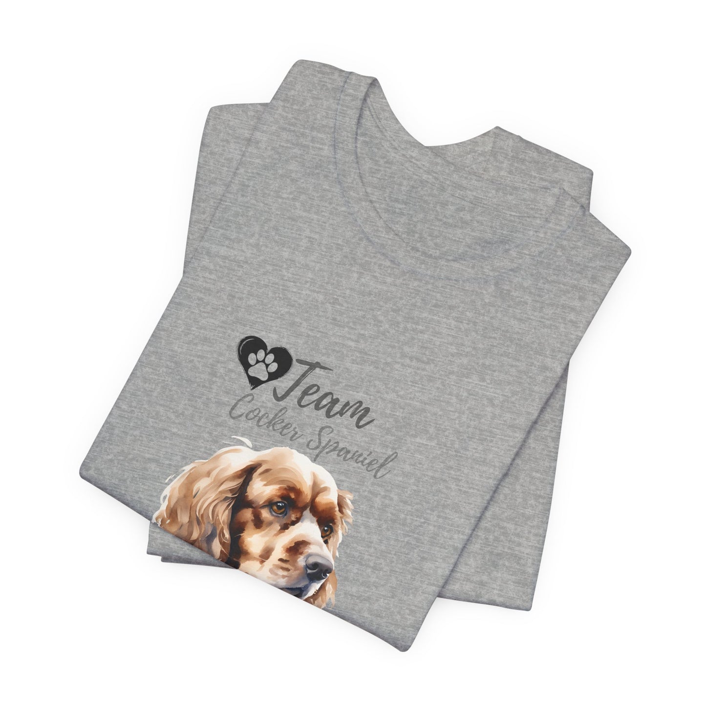 Team Cocker Spaniel watercolour t-shirt in Athletic Heather, folded view showing print
