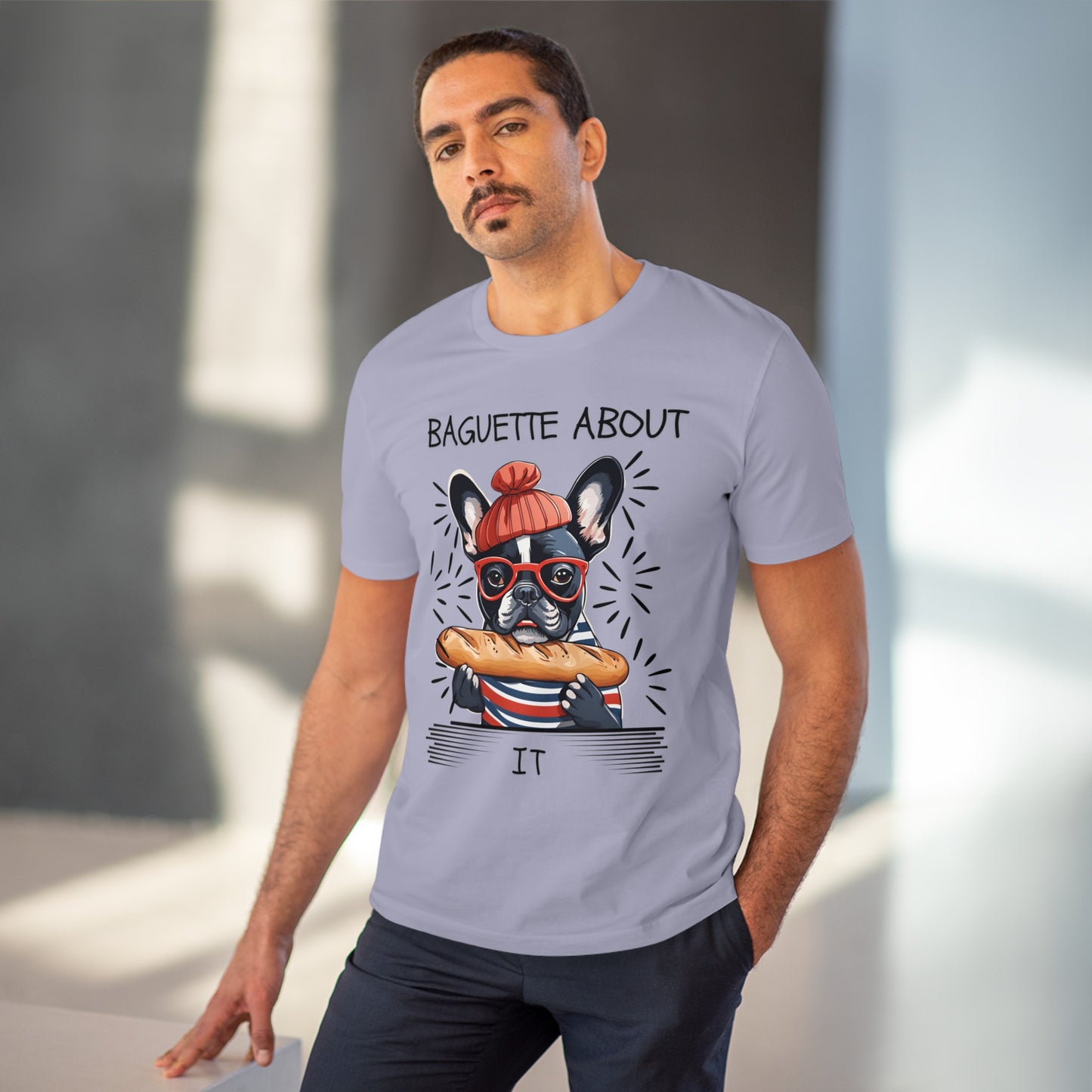 "BAGUETTE ABOUT IT" featuring a french bulldog - Organic Creator T-shirt - Unisex by SniffWaggleAndWalk™ - Sniff Waggle And Walk