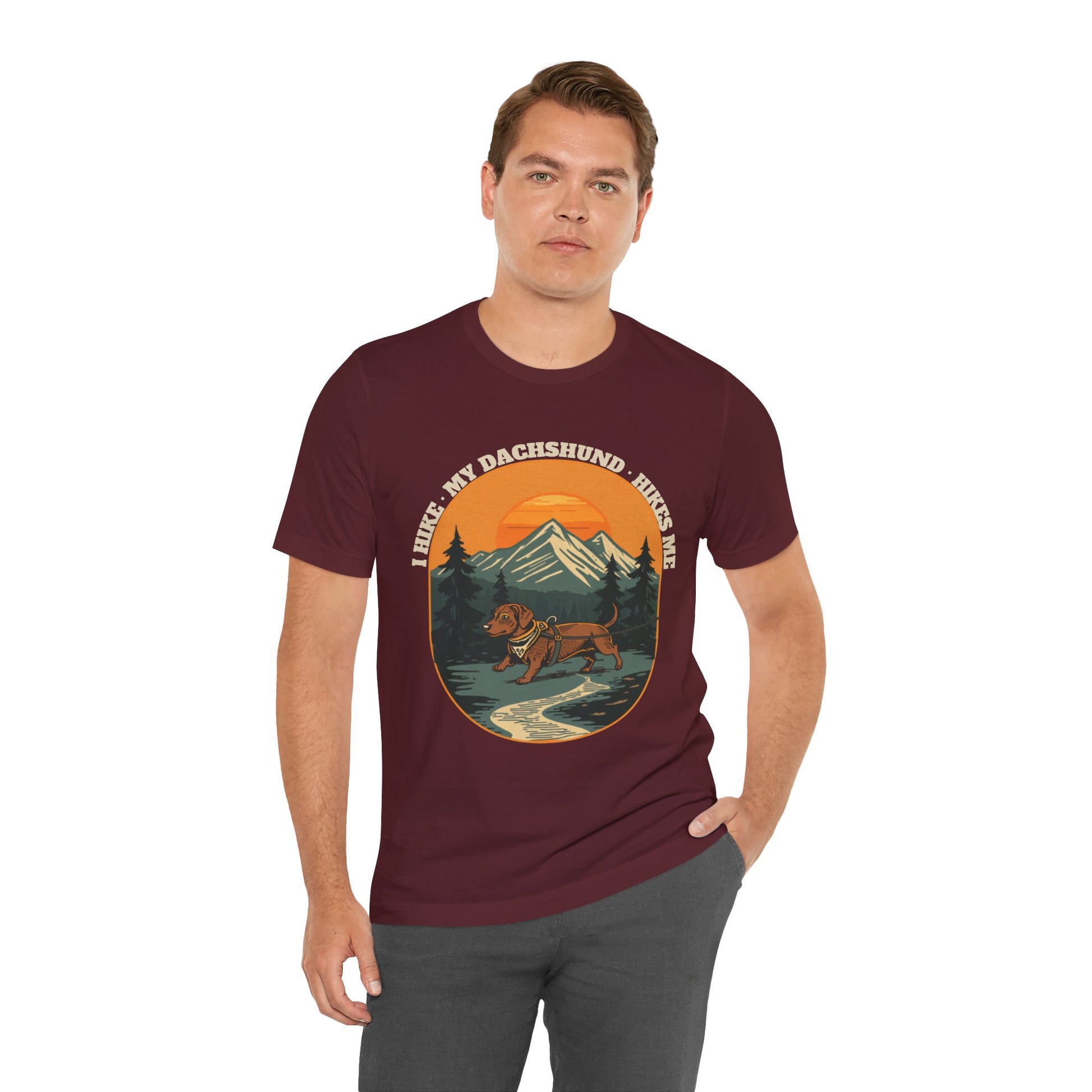 Maroon funny dachshund hiking t-shirt front print