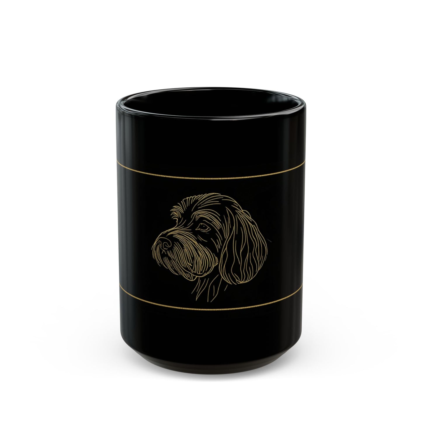 Black Ceramic Mug — Elegant Gold-Line Dog Portrait Coffee Cup (11oz/15oz)