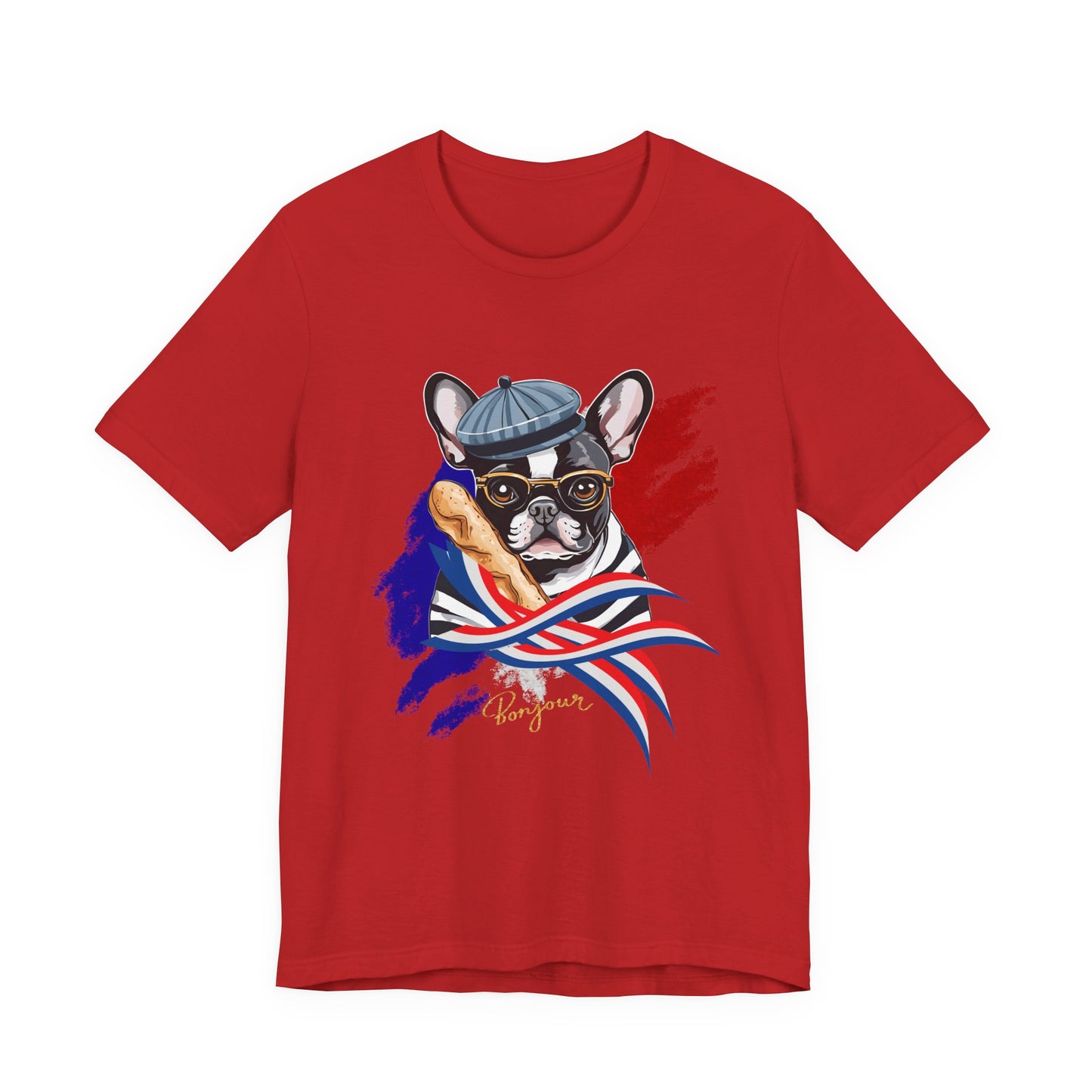 French Bulldog with Baguette T-Shirt in White — French flag colours graphic on soft unisex tee — SniffWaggleNWalk™
