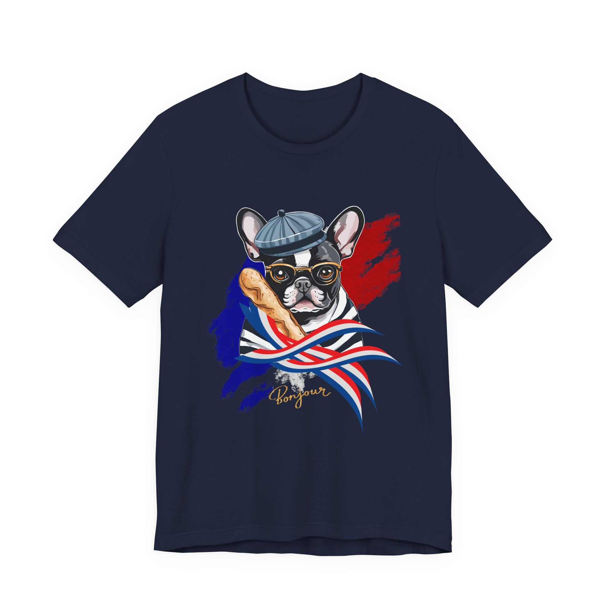 French Bulldog with Baguette T-Shirt in Red — DTG printed Frenchie baguette design on Bella+Canvas 3001 — SniffWaggleNWalk™