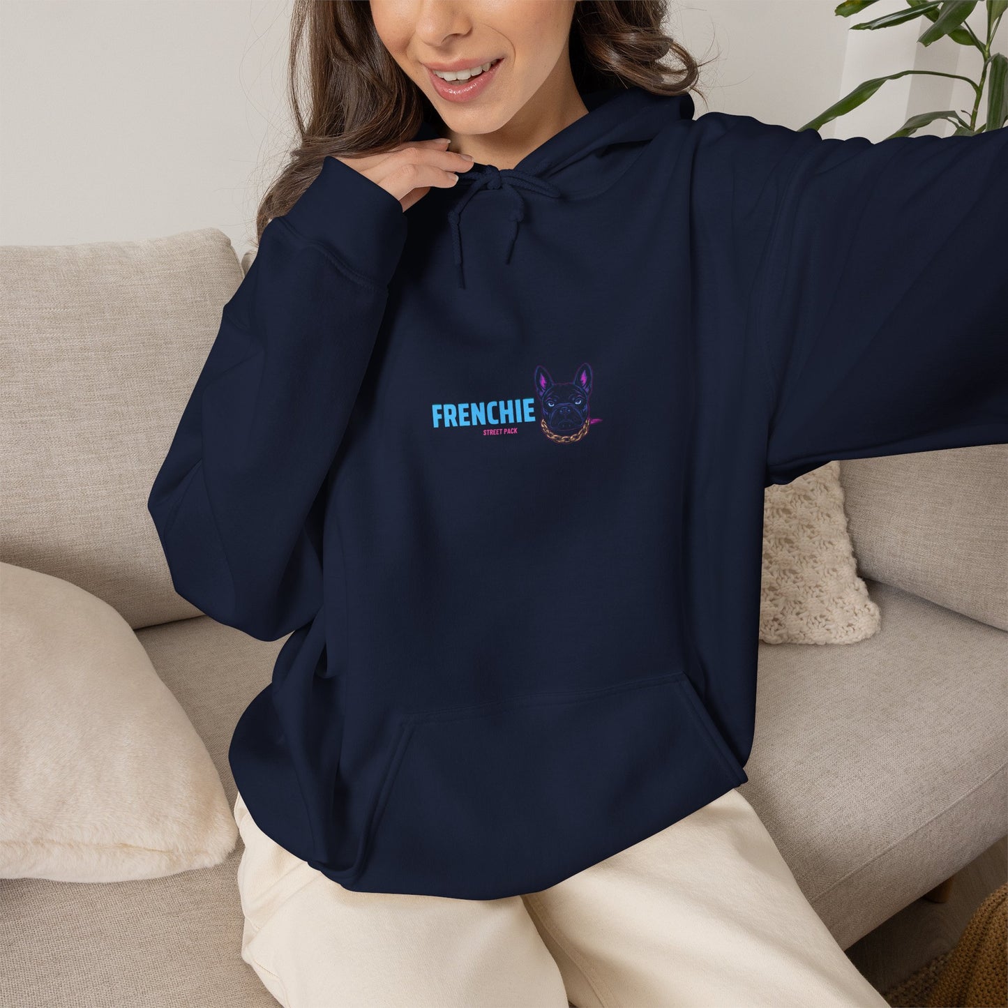 French Bulldog streetwear hoodie shown on a model
