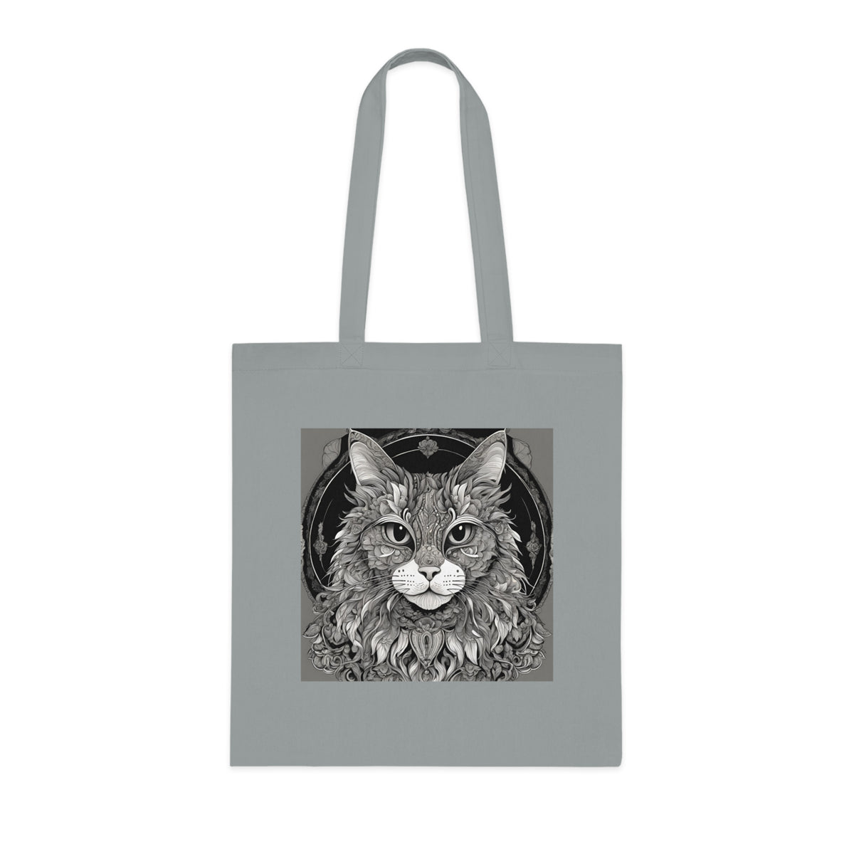 Cat design cotton tote in white colourway showing clean cat illustration on front