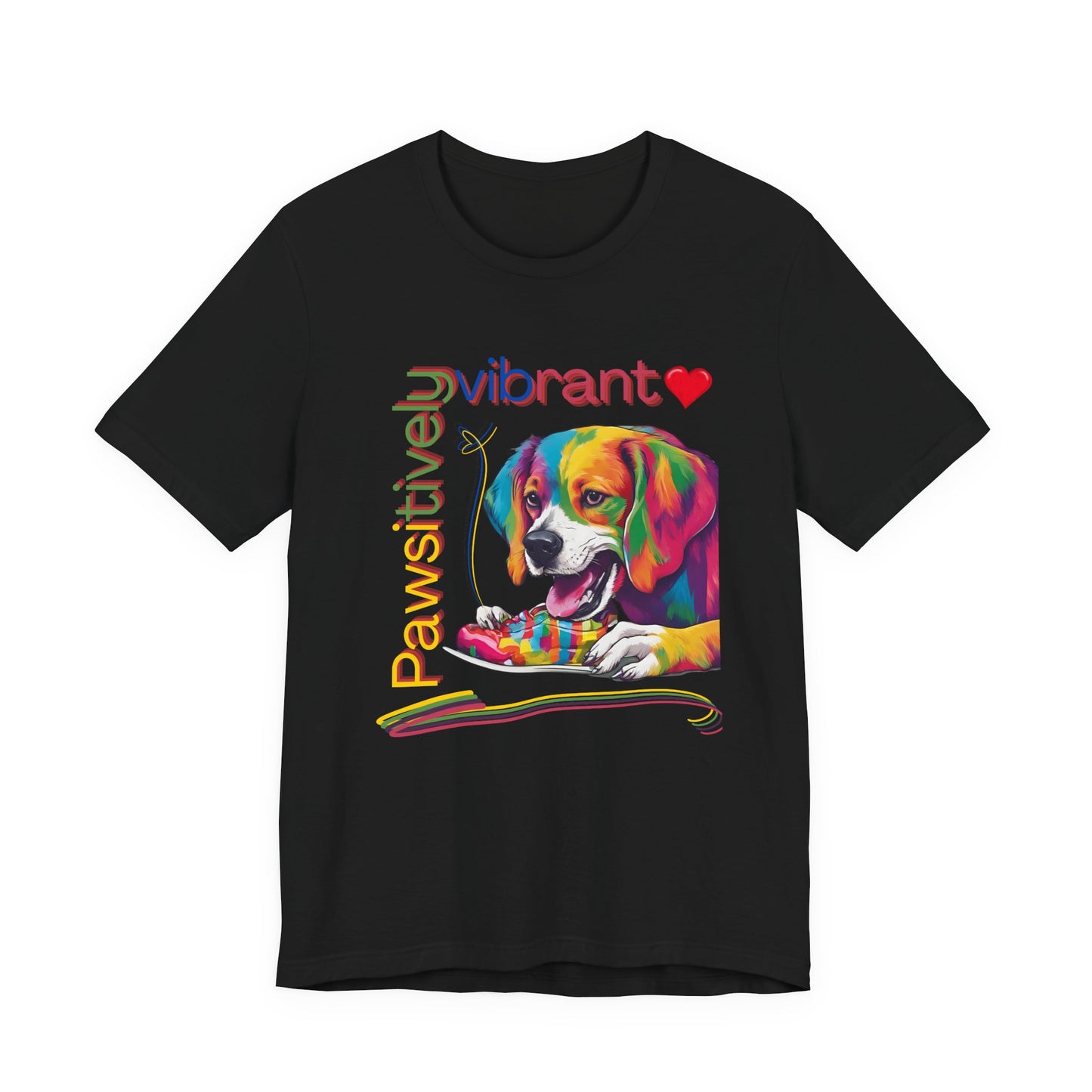 Pawsitively Vibrant T-Shirt in Black — pop-art rainbow beagle design