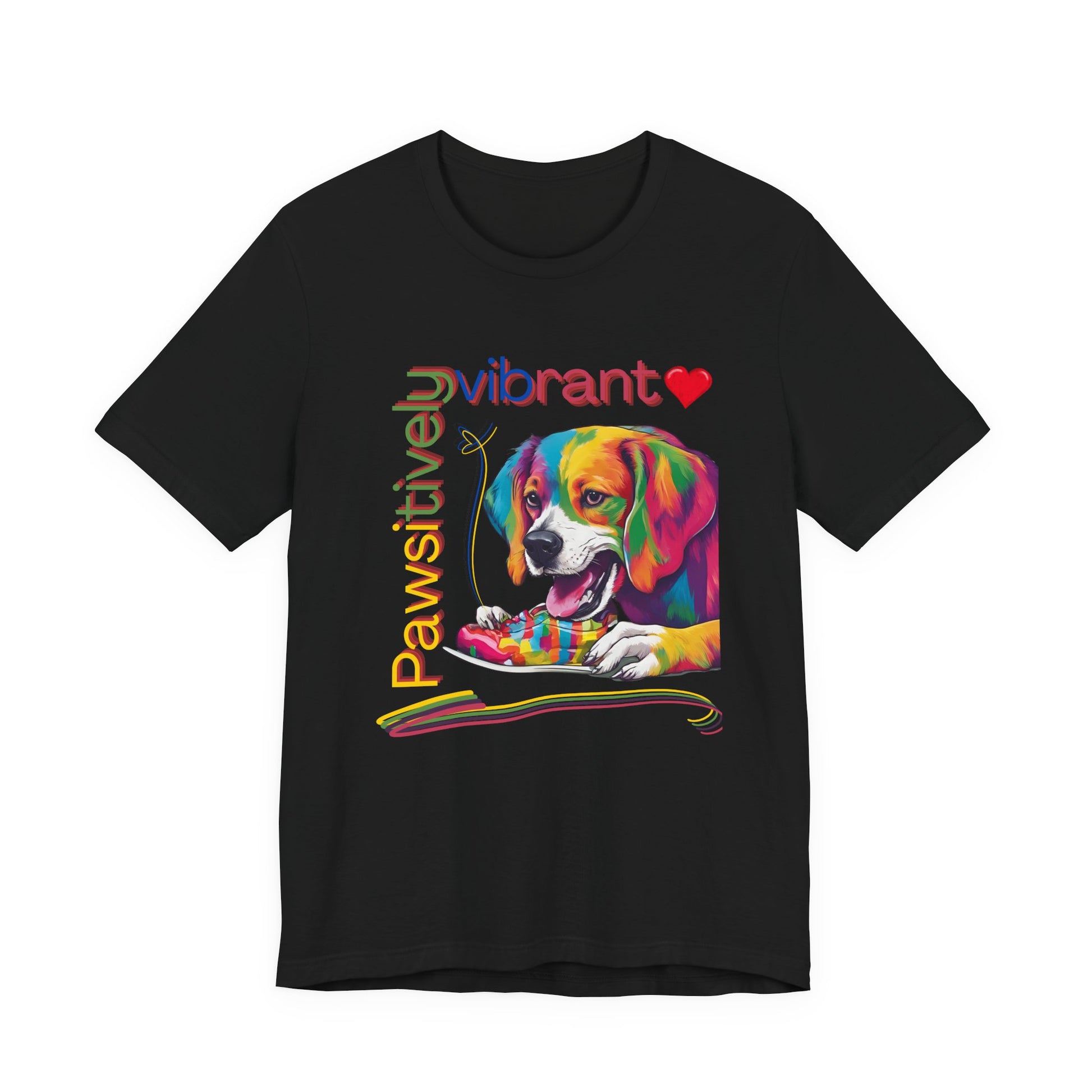 Pawsitively Vibrant T-Shirt in Black — pop-art rainbow beagle design