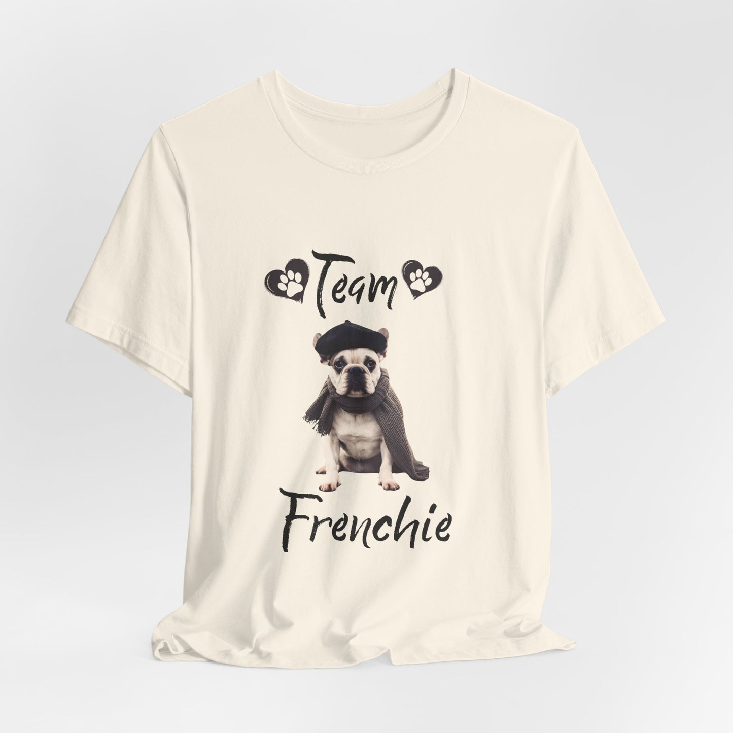 Team Frenchie French Bulldog t-shirt on hanger, full garment view