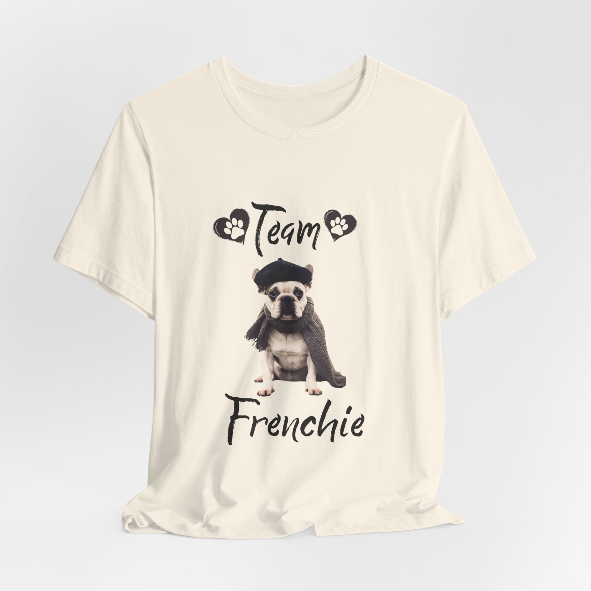 Team Frenchie French Bulldog t-shirt on hanger, full garment view