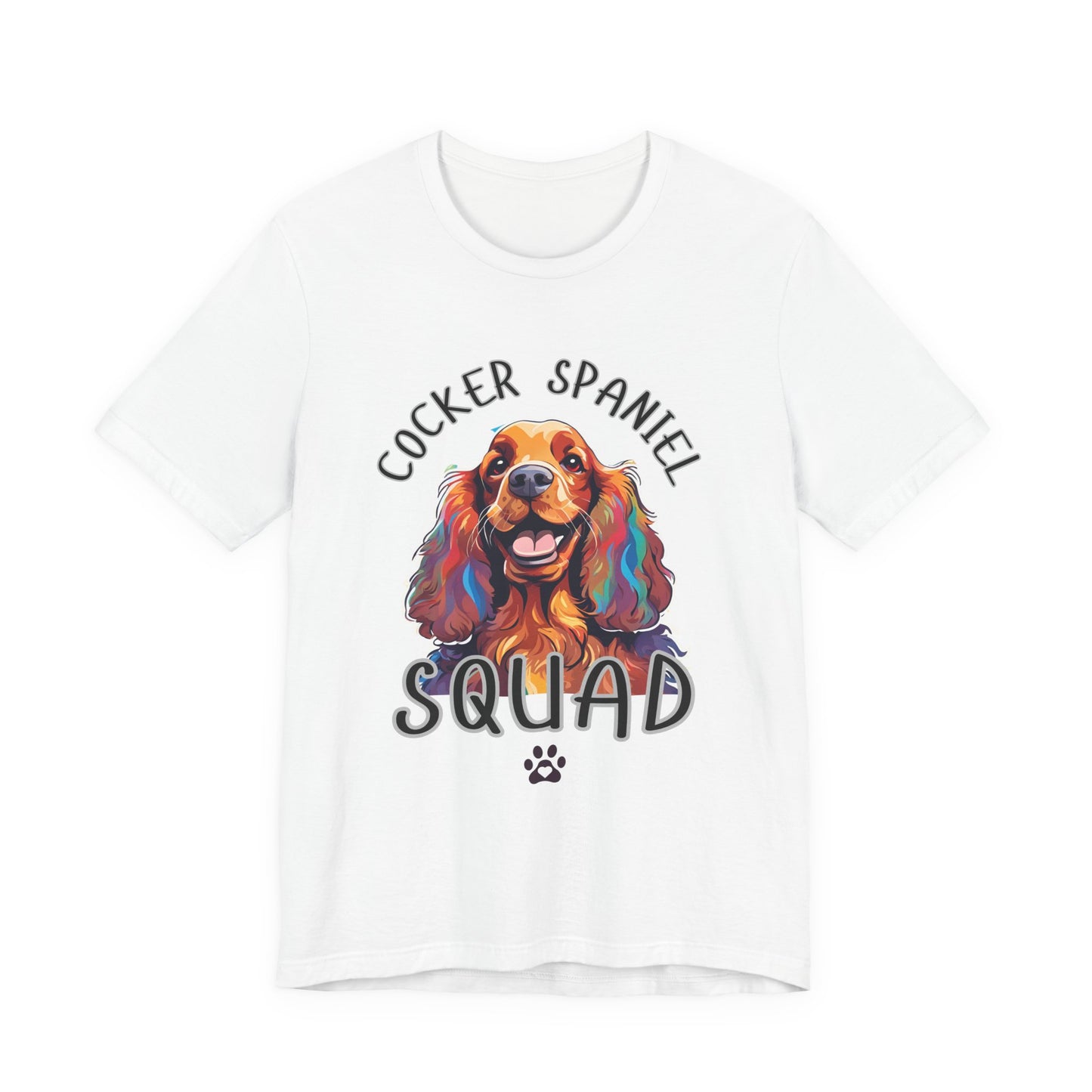 Cocker Spaniel Squad pop-art t-shirt in White, flat lay front view