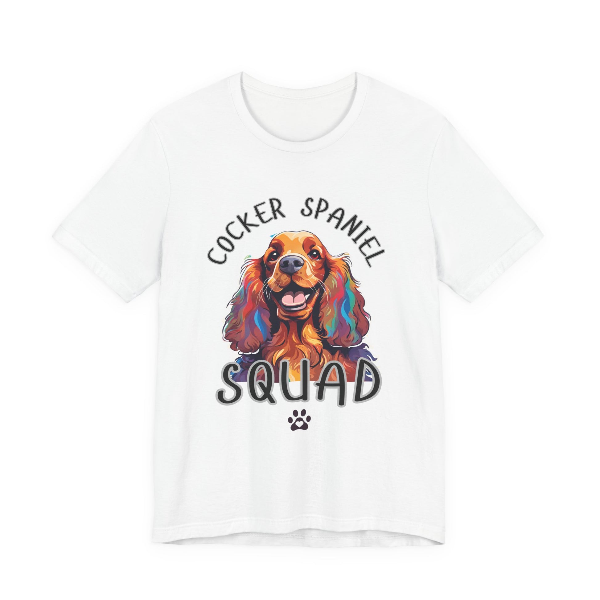 Cocker Spaniel Squad pop-art t-shirt in White, flat lay front view