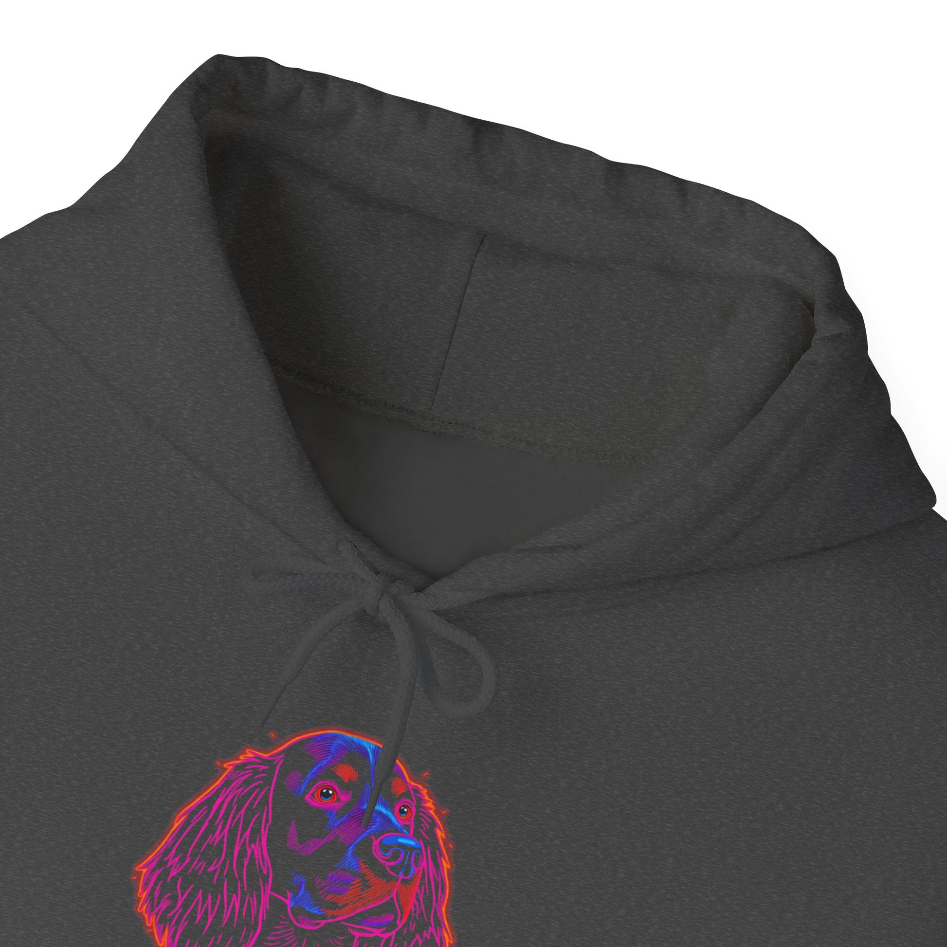 Neon Springer Spaniel hoodie hood and drawcord detail