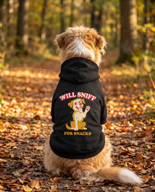 Dog sitting on an autumn path wearing the black Will Sniff for Snacks Dog Hoodie, back view