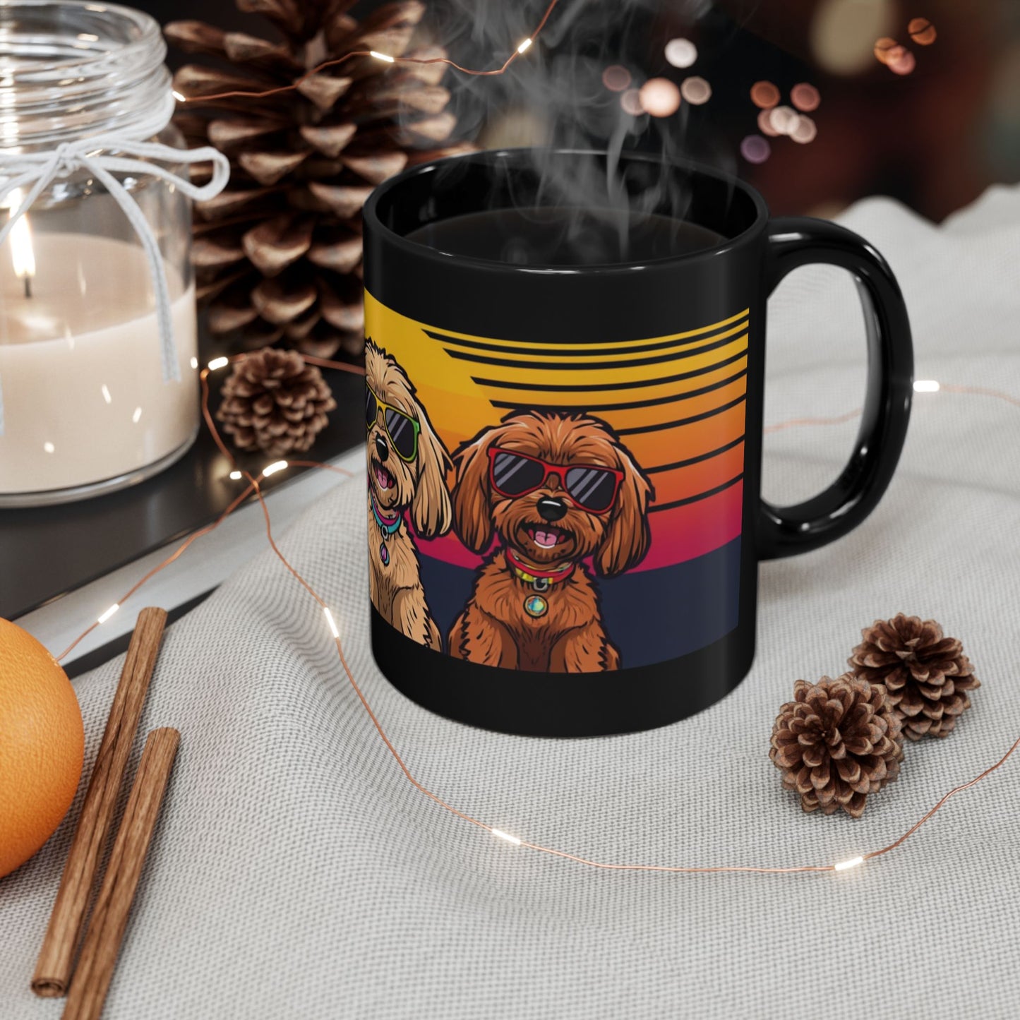 cocka poo Black Coffee Mug — Cute Puppy Sunset Design (11oz/15oz)
