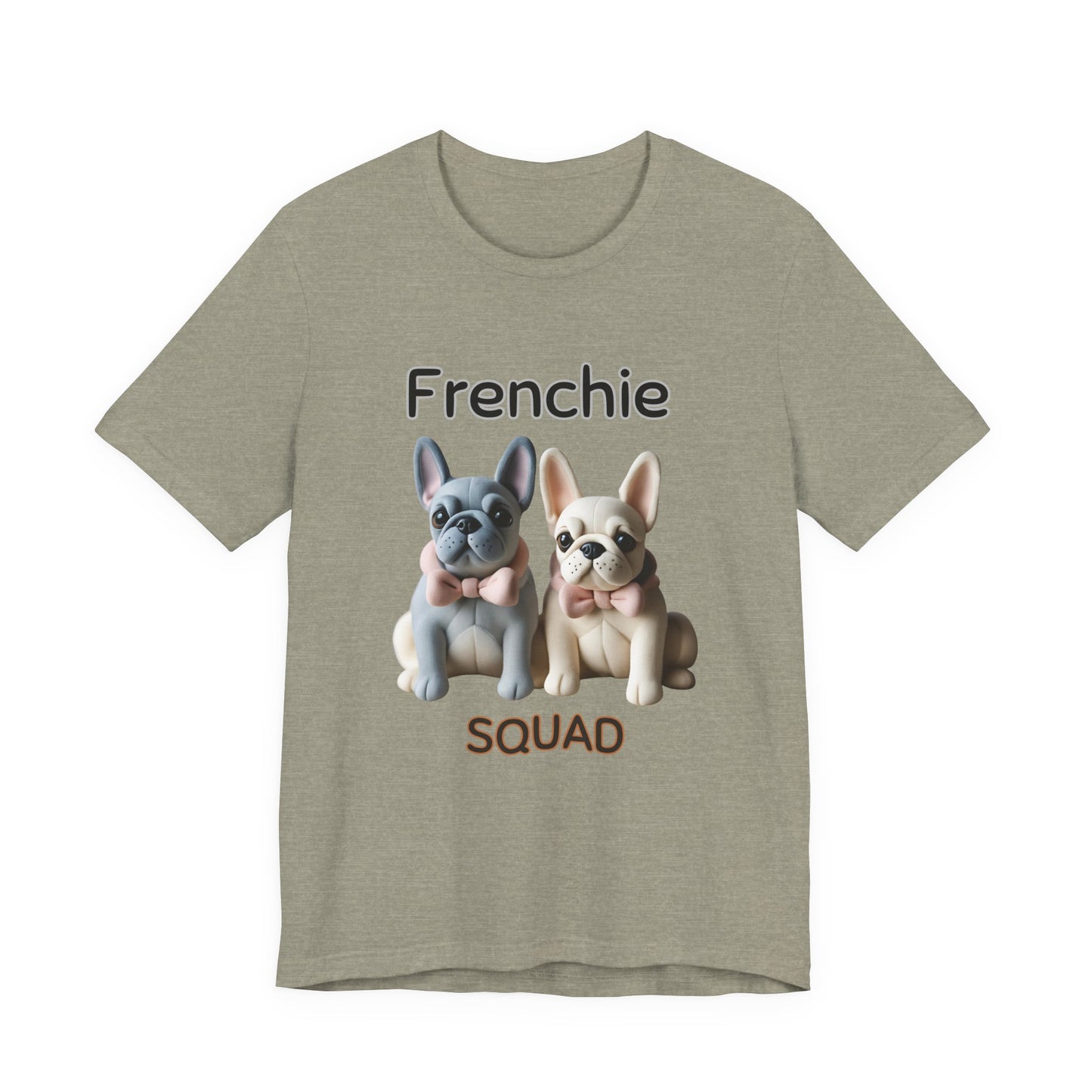 Frenchie Squad t-shirt in Heather Stone — French Bulldog duo graphic tee, front view