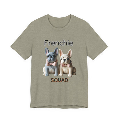 Frenchie Squad t-shirt in Heather Stone — French Bulldog duo graphic tee, front view