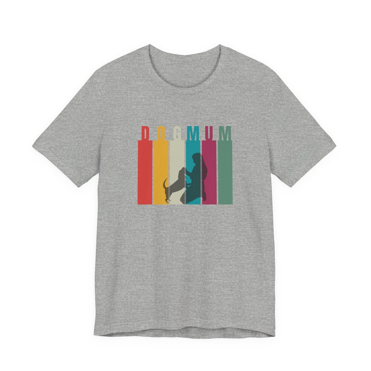 Dog Mum T-Shirt in Athletic Heather grey — retro DOG MUM stripe design