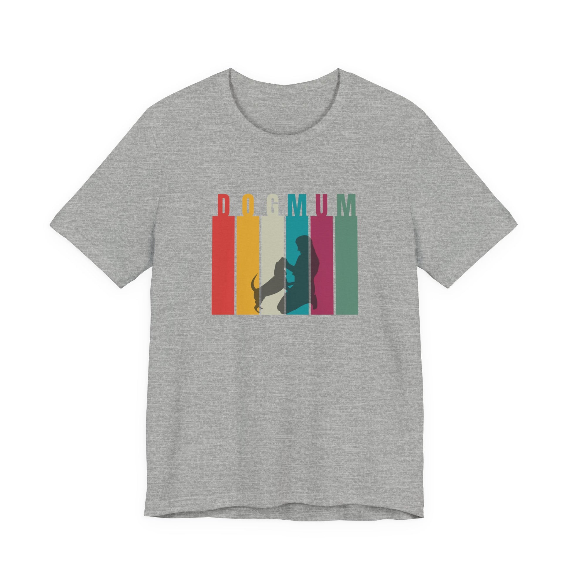 Dog Mum T-Shirt in Athletic Heather grey — retro DOG MUM stripe design